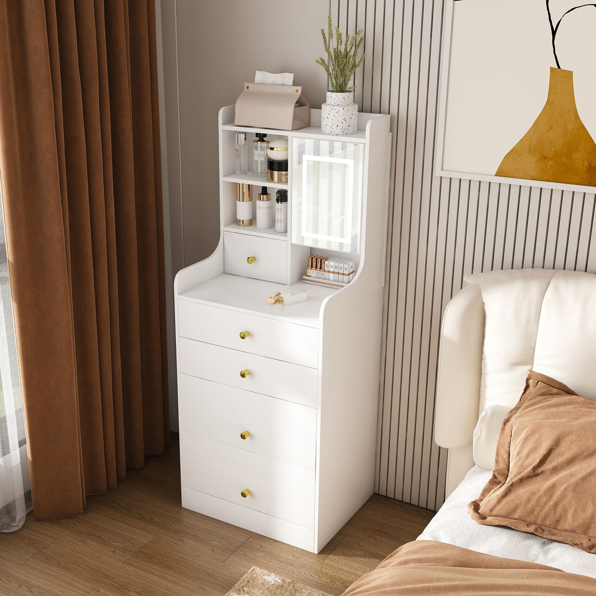 3 In 1 Dressing Table With LED Mirror & Storage Stool, Compact Makeup Vanity - White