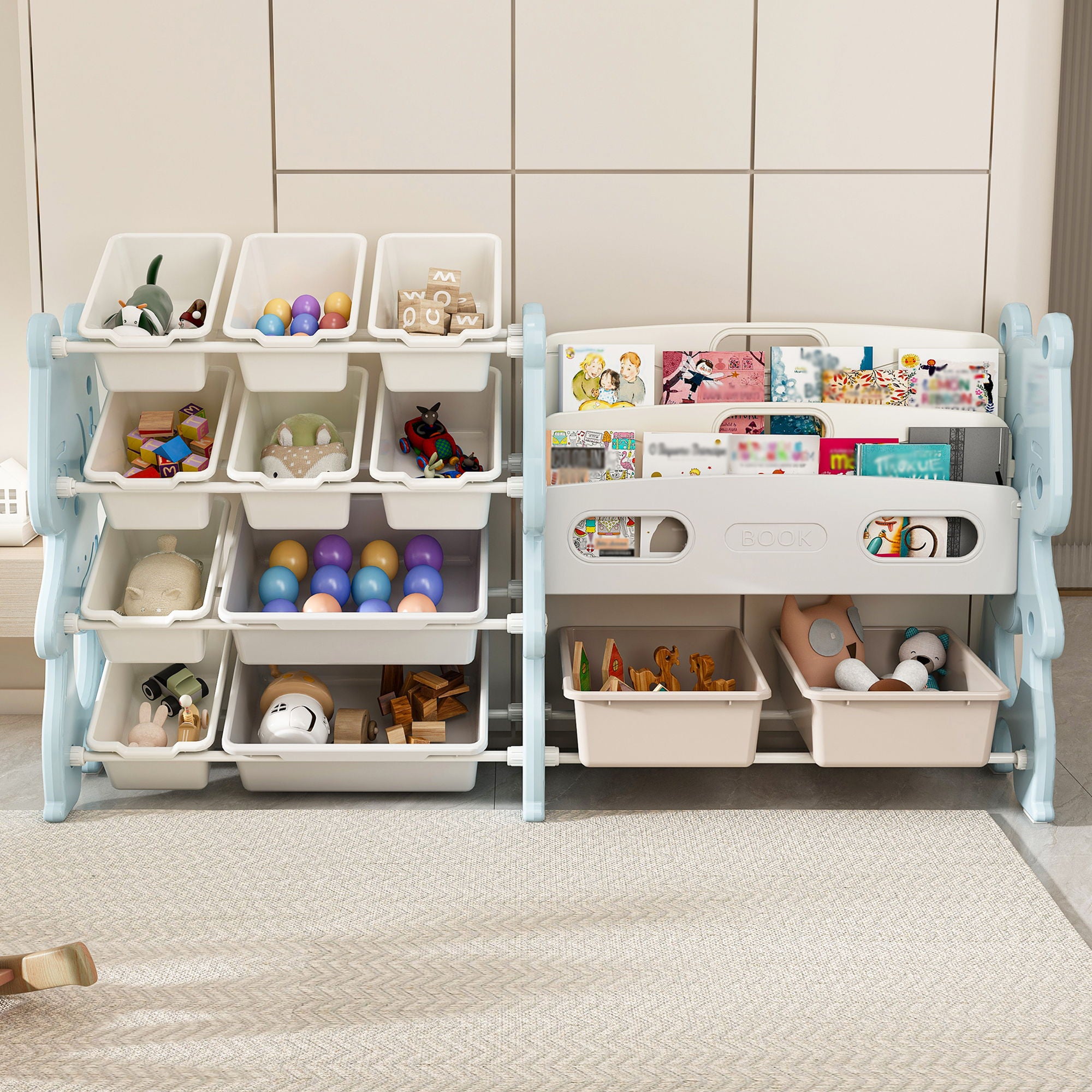 Kids Toy Storage Organizer With 2 Tier Bookshelf, Toy Storage With 12 Bins