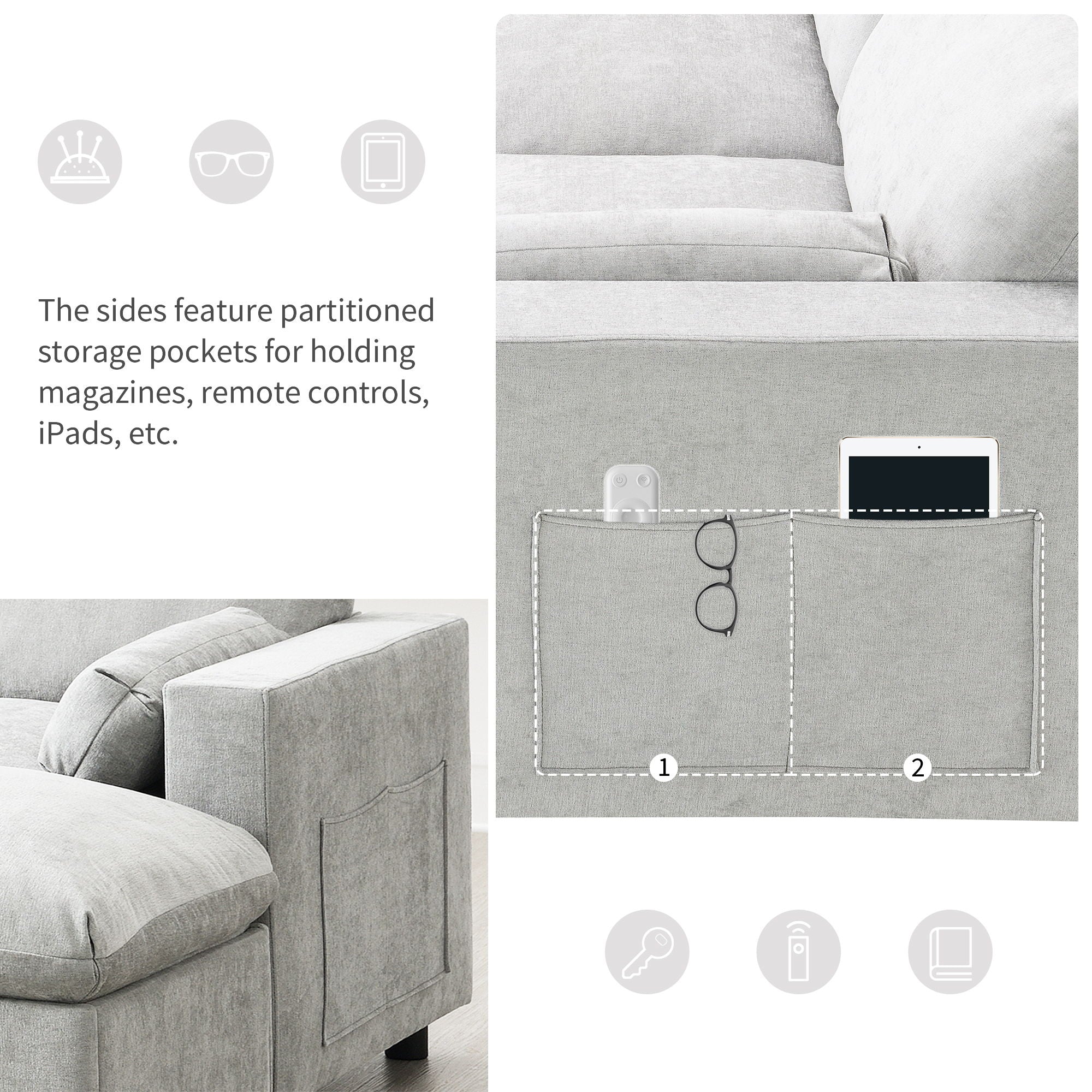 Modular Sectional With Storage Pockets, 5 Seat U Shaped Couch Set With Pillows, Free Combination Modern Cloud Sofa With 2 Movable Ottoman