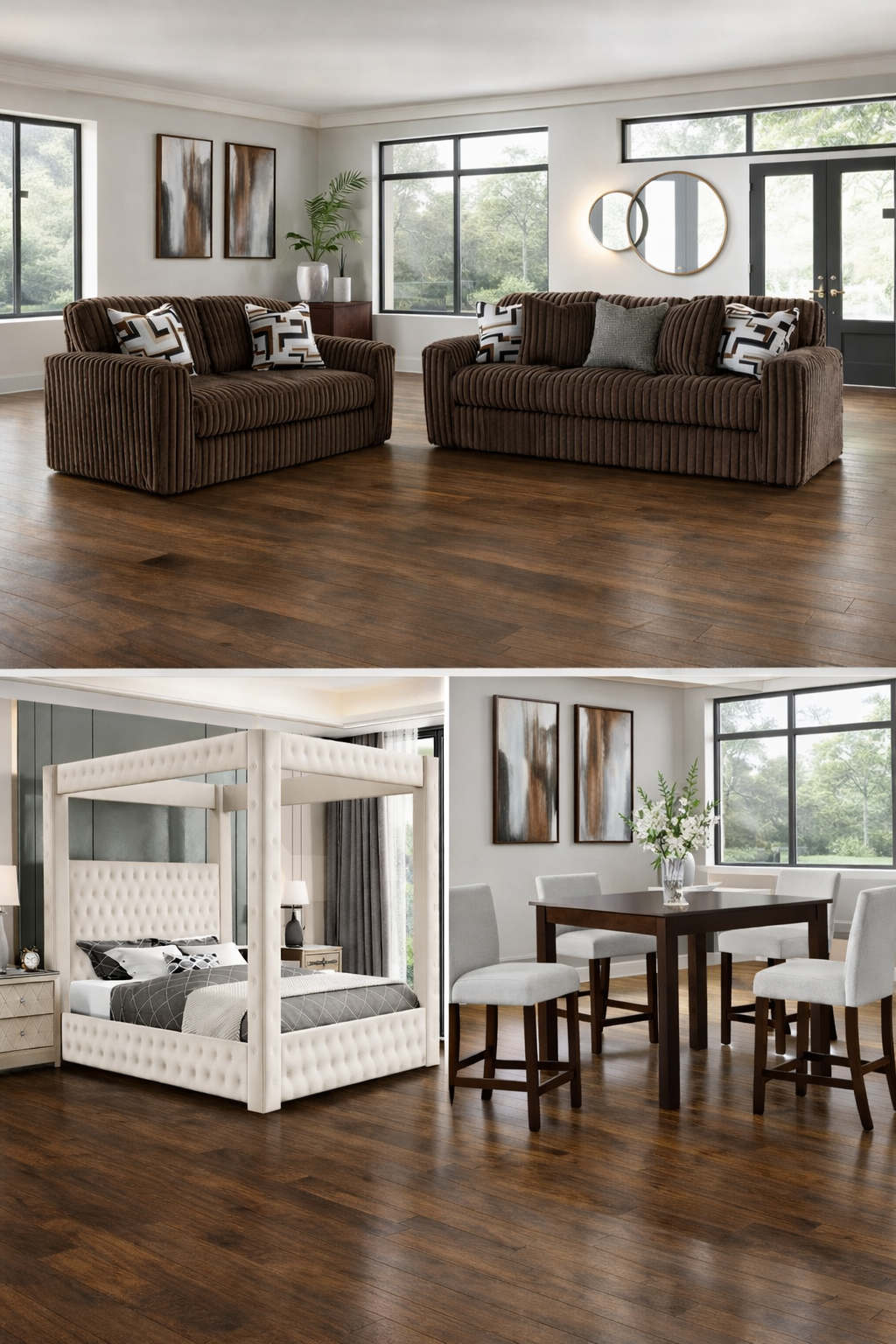 Bottega 3-Room Brown Sofa & Love Package Deal including Sofa, Love seat, 5PCS dining set and Canopy bed