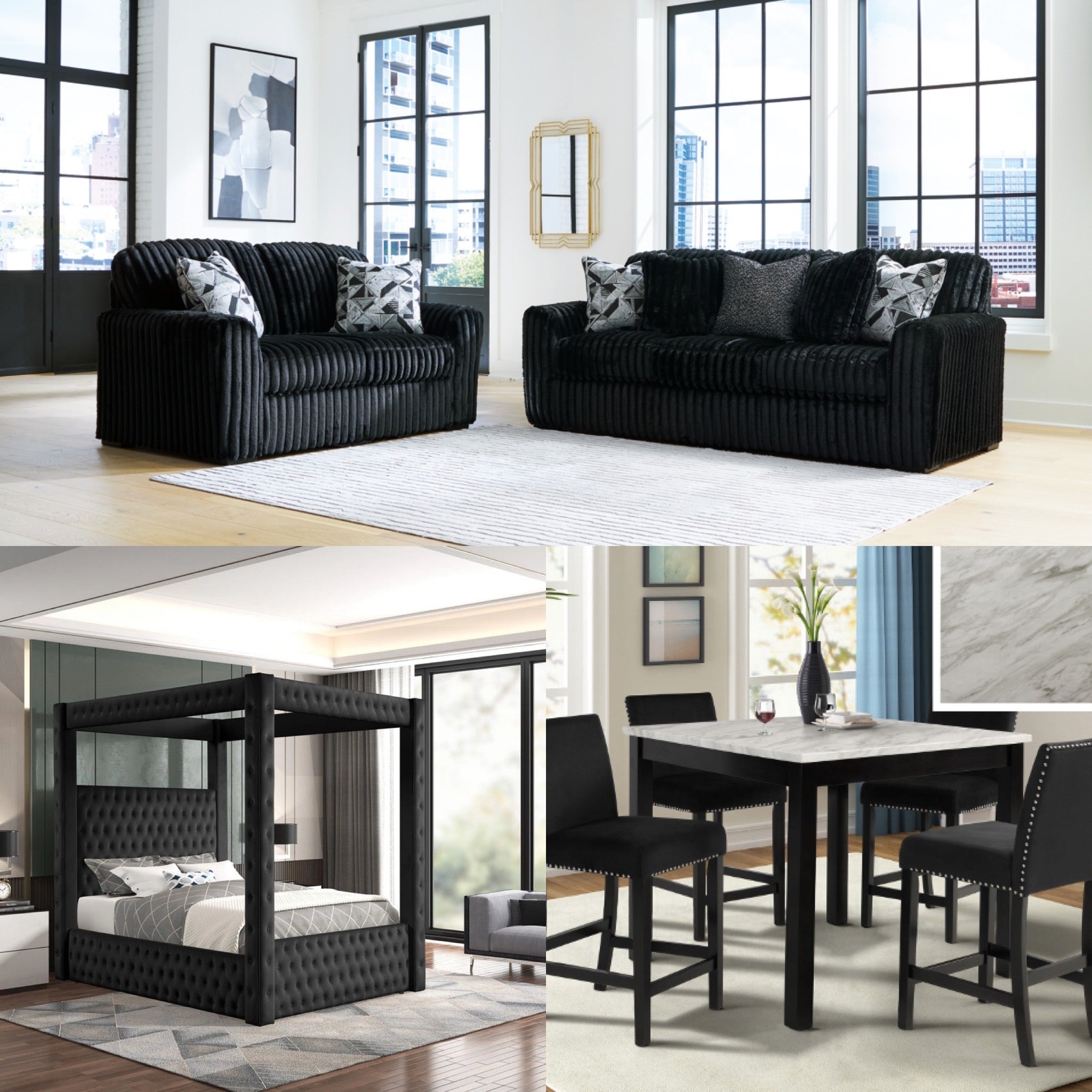 Bottega 3-Room BlackSofa & Love Package Deal including Sofa, Love seat, 5PCS dining set and Canopy bed