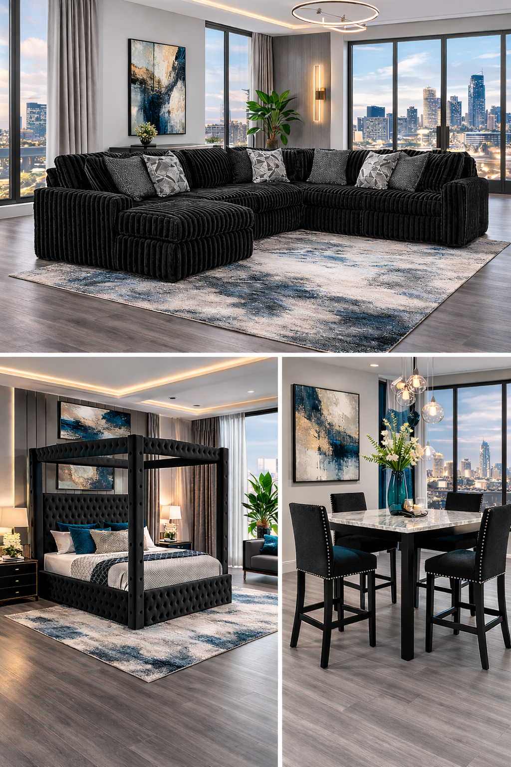 Bottega 4 Piece Black 3  ROOM PACKAGE DEAL including Oversized Sectional, 5pcs dining set and Canopy Bed frame