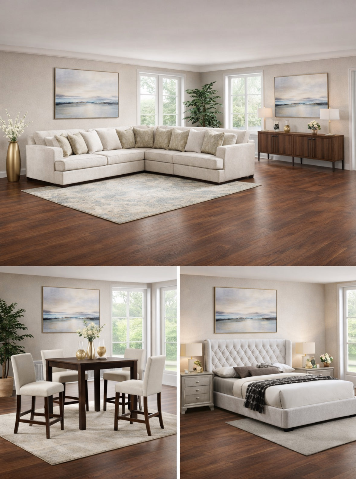 Rawcliffe 3 room package deal deal including Sectional sofa, 5pcs dining set, Bed frame