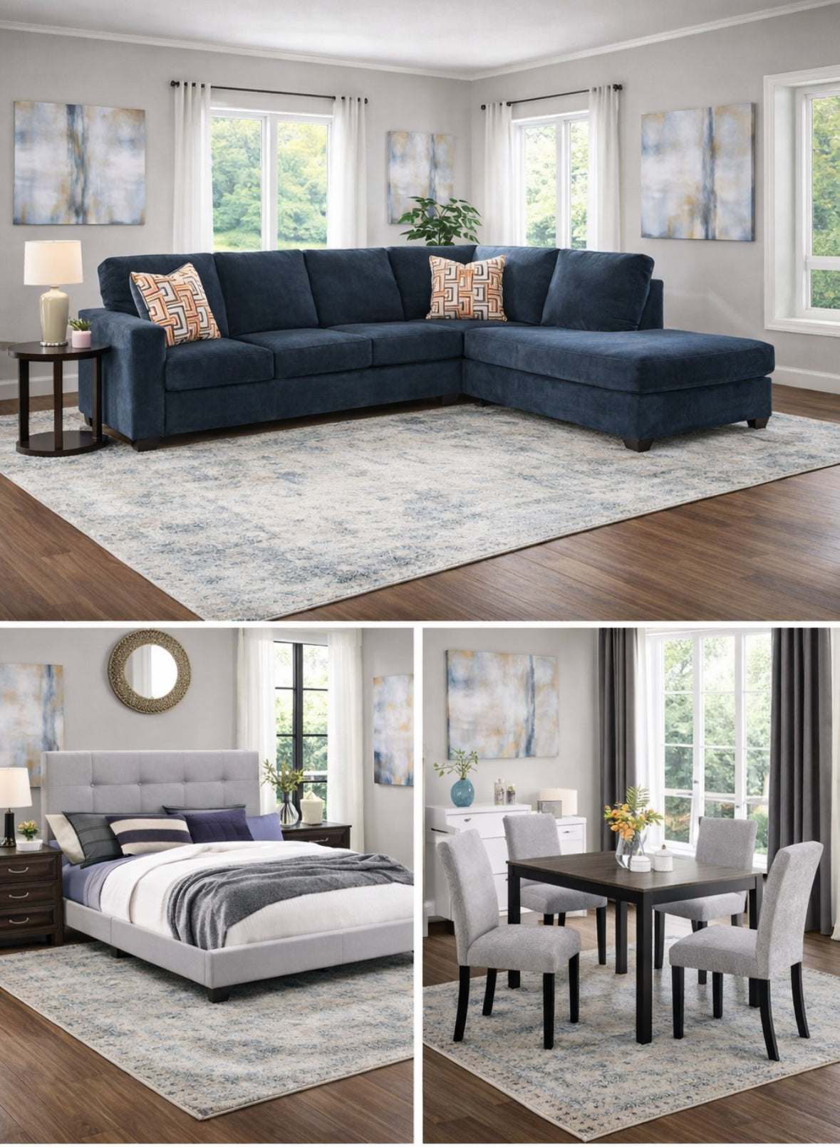 Aviemore Navy 3 room package deal including Sectional sofa, 5 PCS dining set  & Bed frame