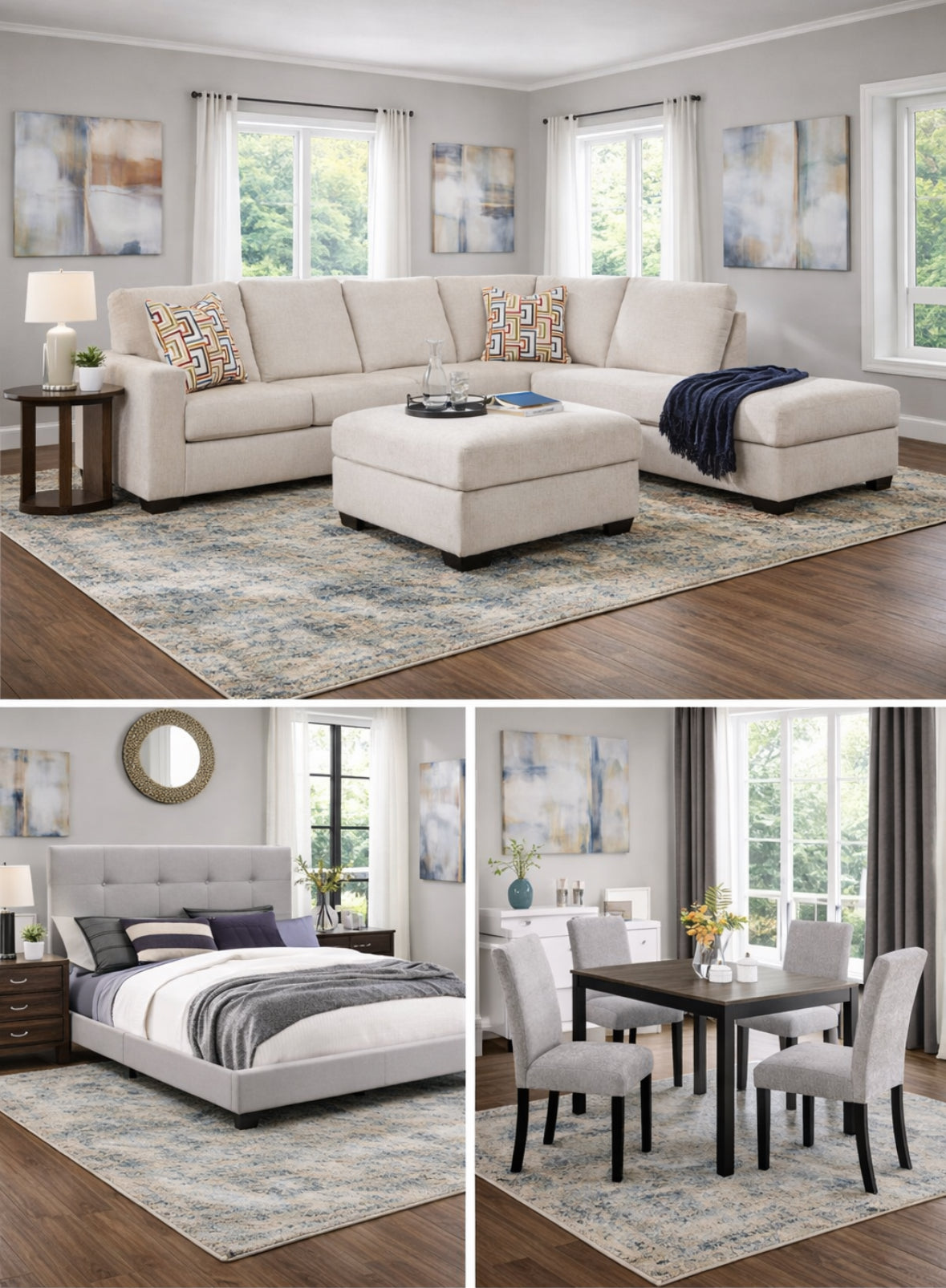 Aviemore Stone 3 room package deal including Sectional Sofa, 5pcs dining set and bedframe