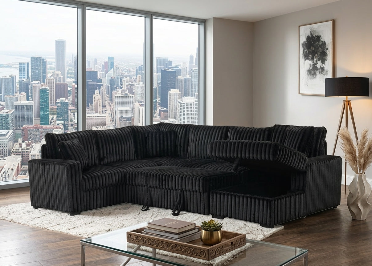 Bliss Black Pullout & Storage Sectional 5PCS Dining set  Bed frame Free Mattrress  and Free tv