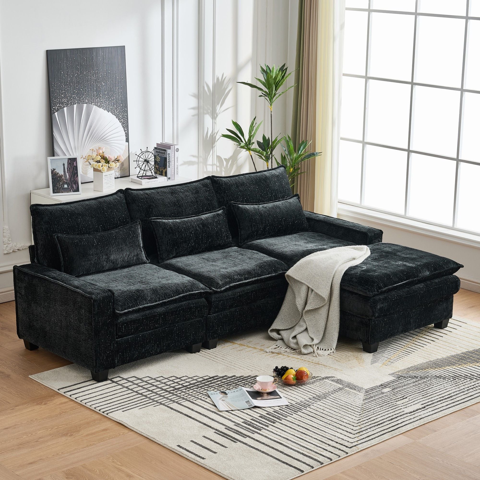 Modern Comfy L Shaped Sectional Sofa With Movable Ottoman