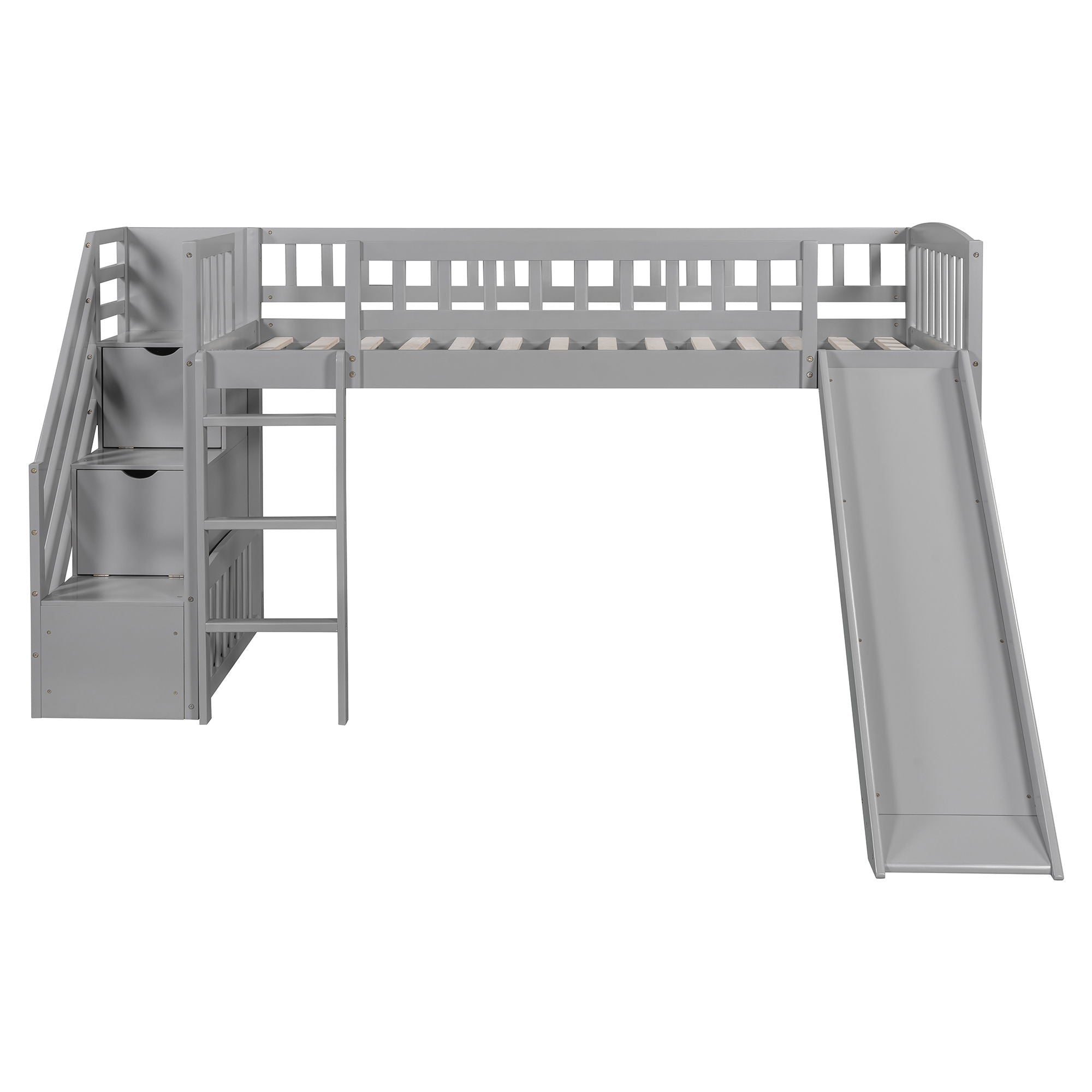 Loft Stairway Bed With 2 Drawers, Convertible Ladder And Slide