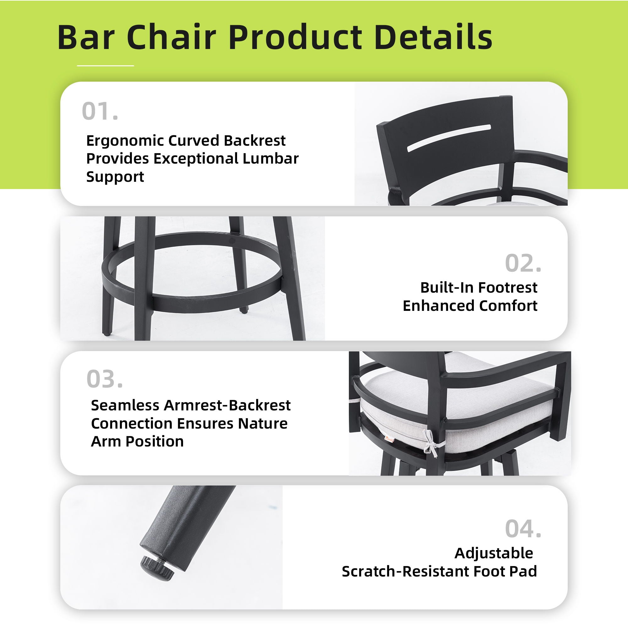 Modern Outdoor Patio Bar Set, Rounded Square Table & Bar Chairs, Non Rust Frame, Tapered Legs, Sunbrella Cushion