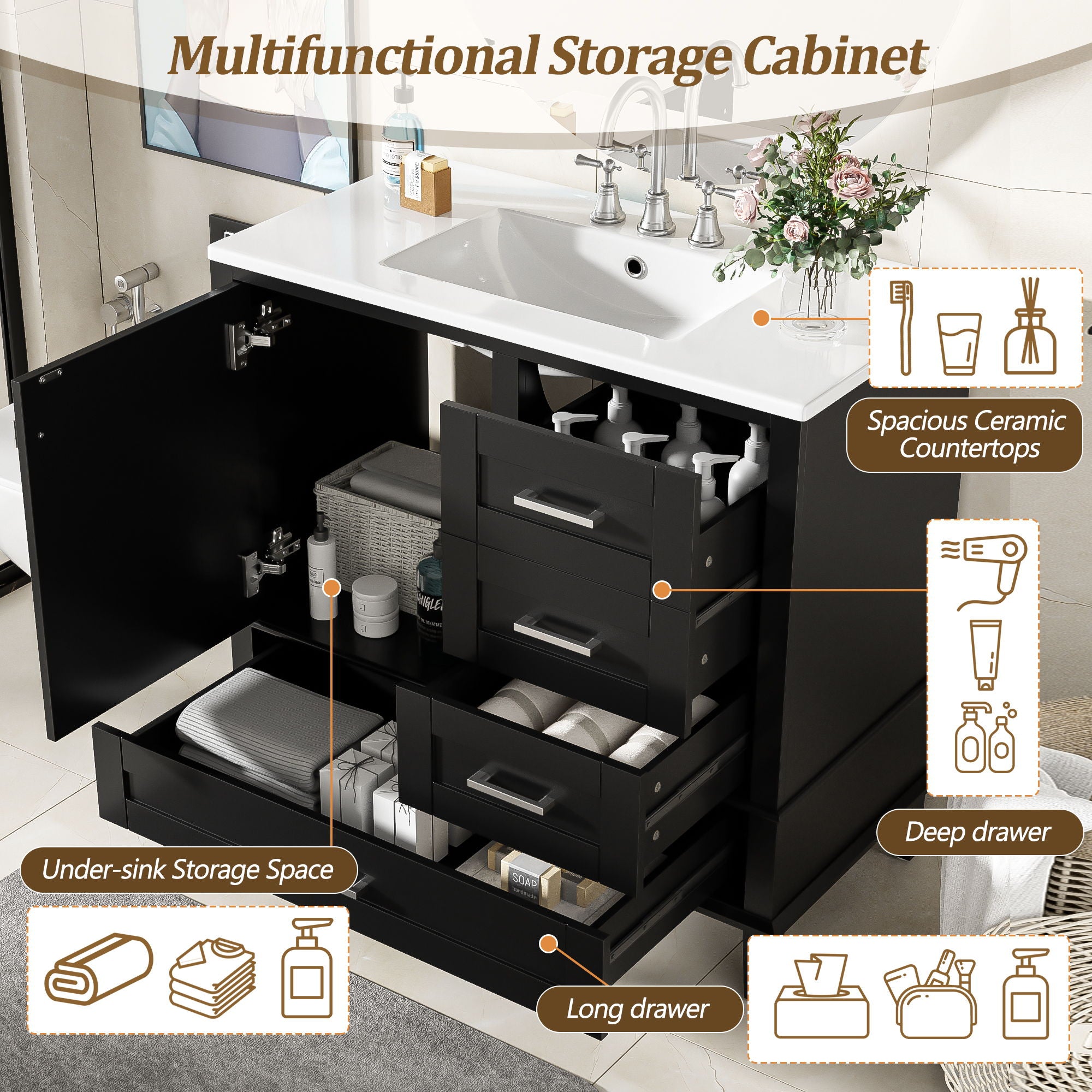 Bathroom Vanity, Modern Bathroom Cabinet With Sink Combo Set, Bathroom Storage Cabinet With A Soft Closing Door And 3 Drawers, Solid Wood Frame
