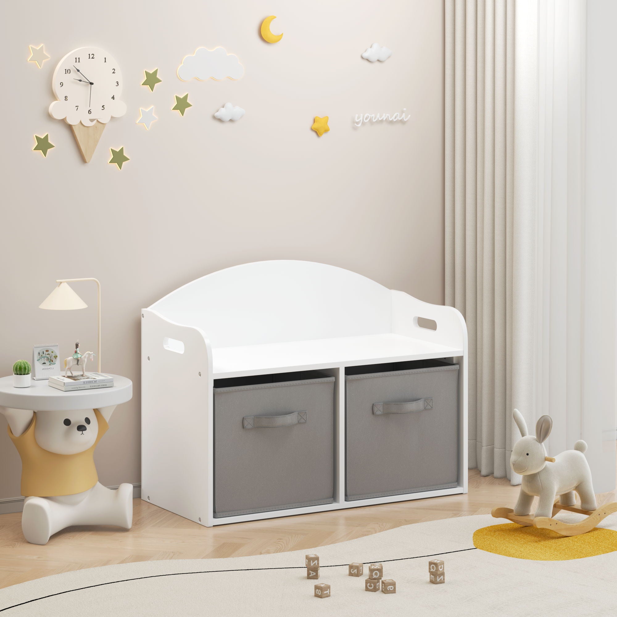 Toy Box Bench With Collapsible Drawers, Storage Cabinet Organizer - White