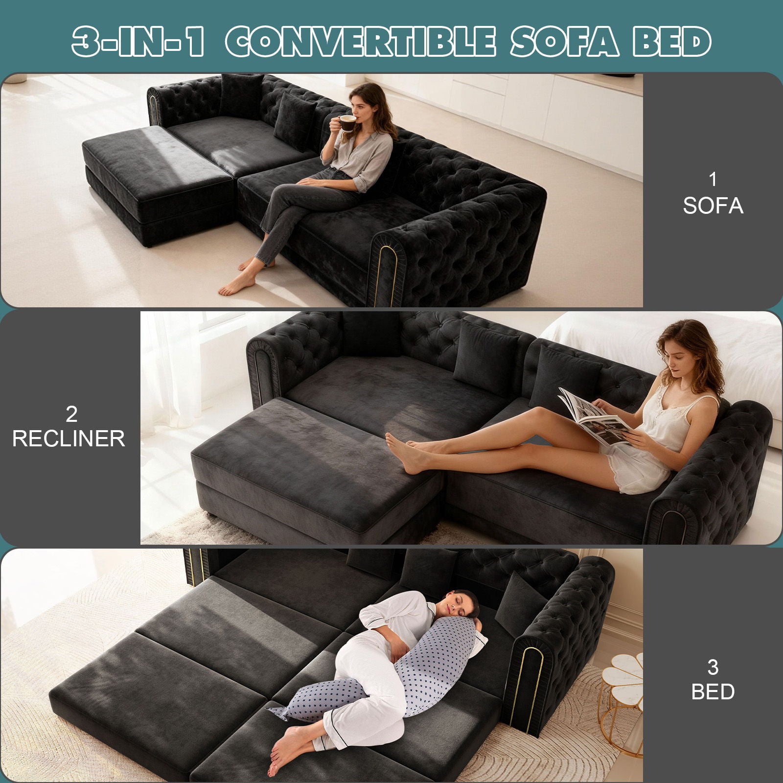 3-In-1 Convertible Sleeper Sofa With Movable Ottoman For Living Room