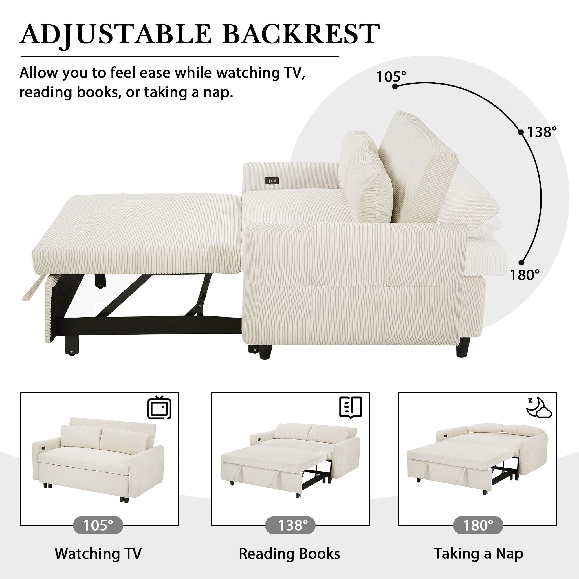 Pull-Out 2 Seat Modern Sleeper Sofa With 2 Throw Pillows And USB Ports