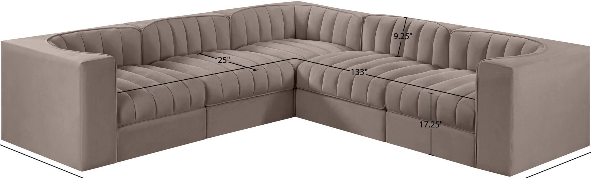 Rummi - Symmetrical Velvet Performance Fabric Upholstered 5 Piece Modular Sectional