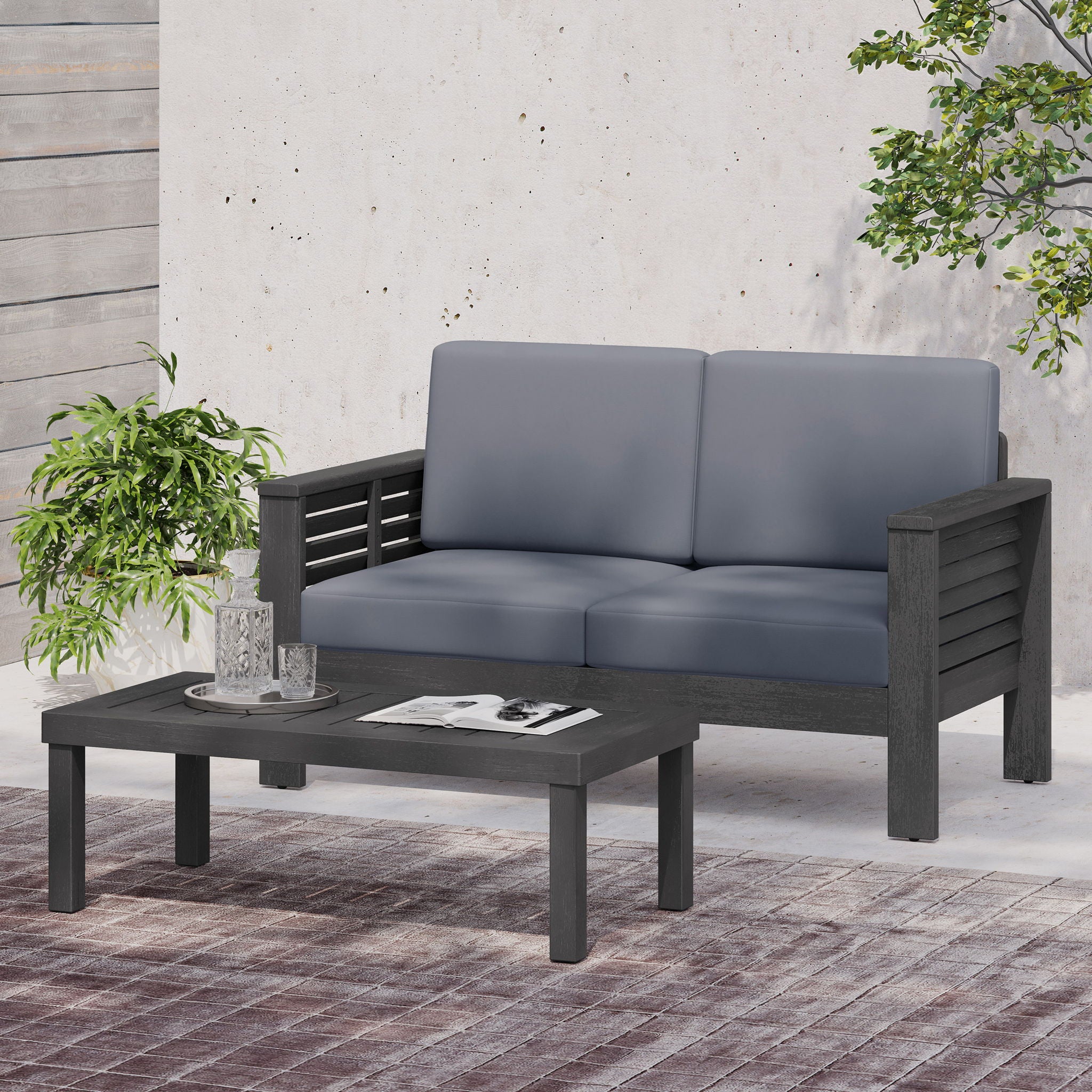 Acacia Wood Loveseat And Coffee Table Set With Cushions