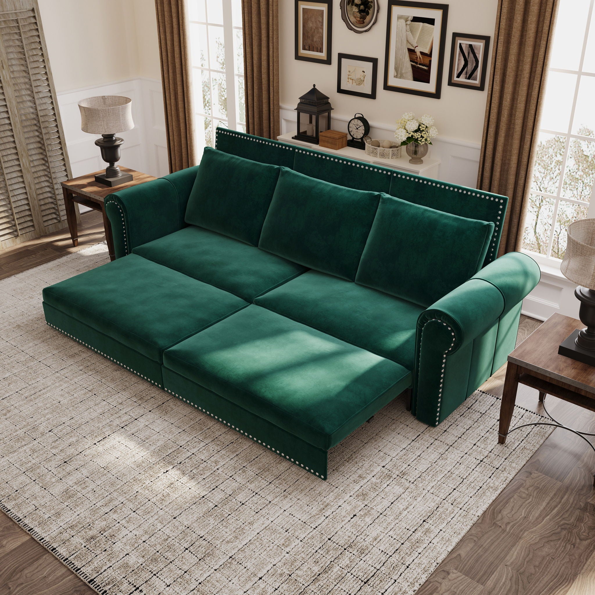 3 In 1 Convertible Sleeper Sofa With Nailhead Trim & Rolled Arm