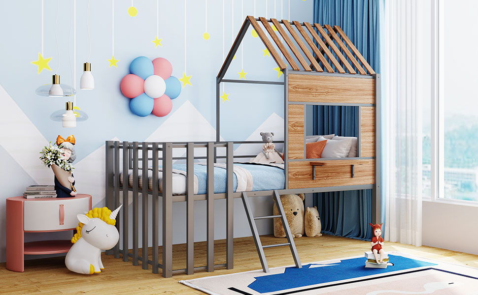 Loft Bed With Roof, Window, Guardrail, Ladder