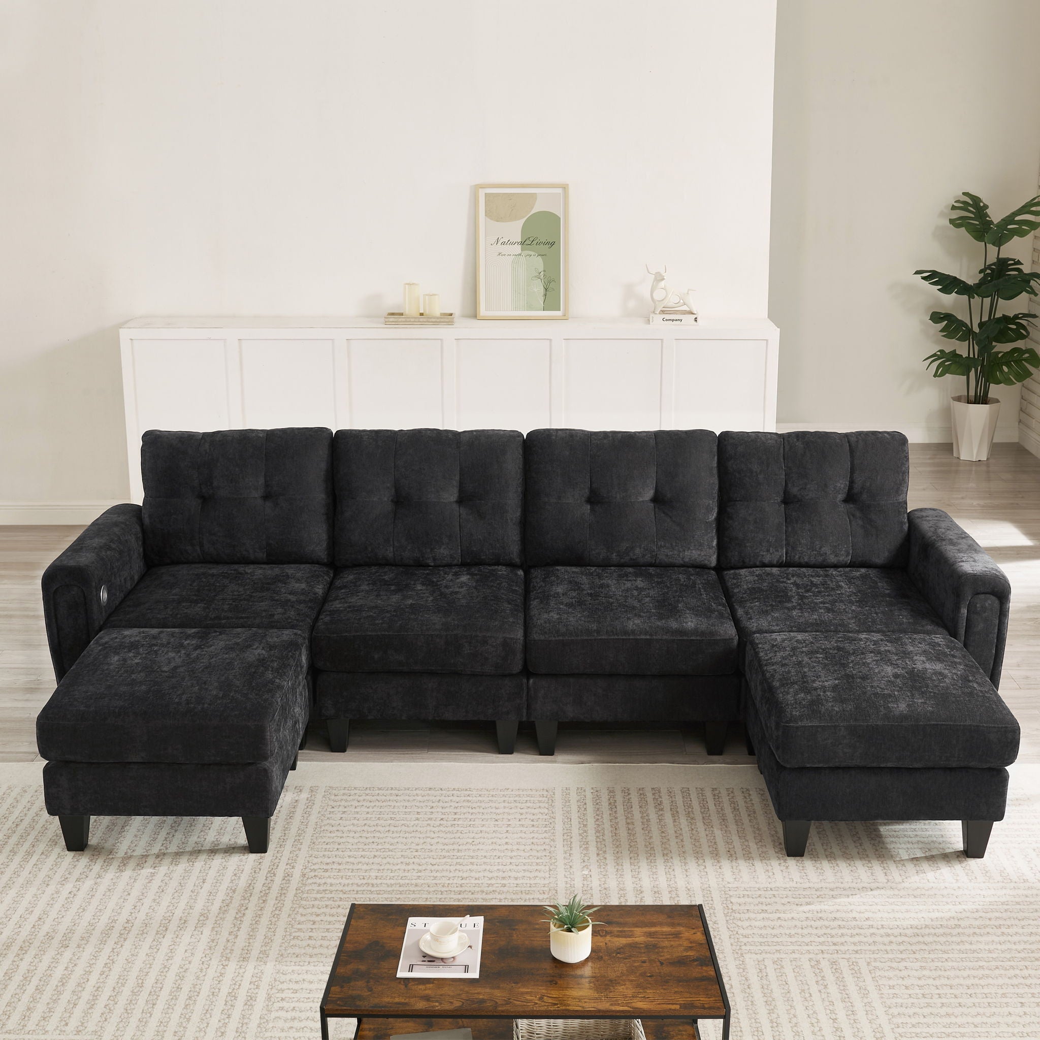 Modular Sectional Sofa With Movable Ottomans, USB Ports & Side Tables