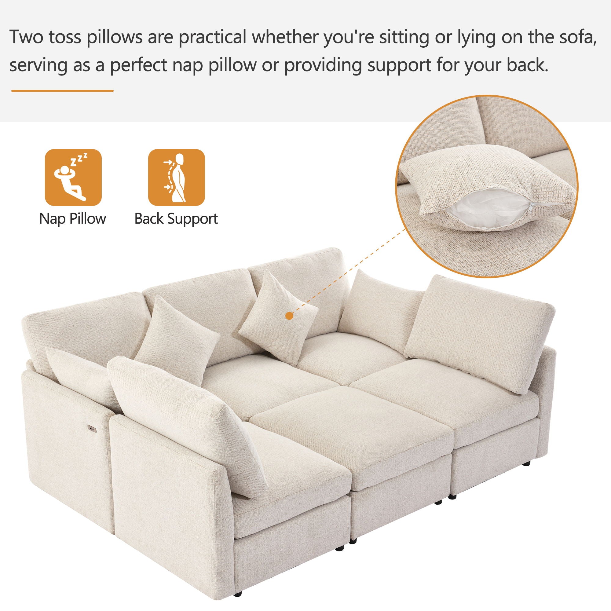 Sectional Sofa Modular U-Shaped With Ottoman & USB Ports