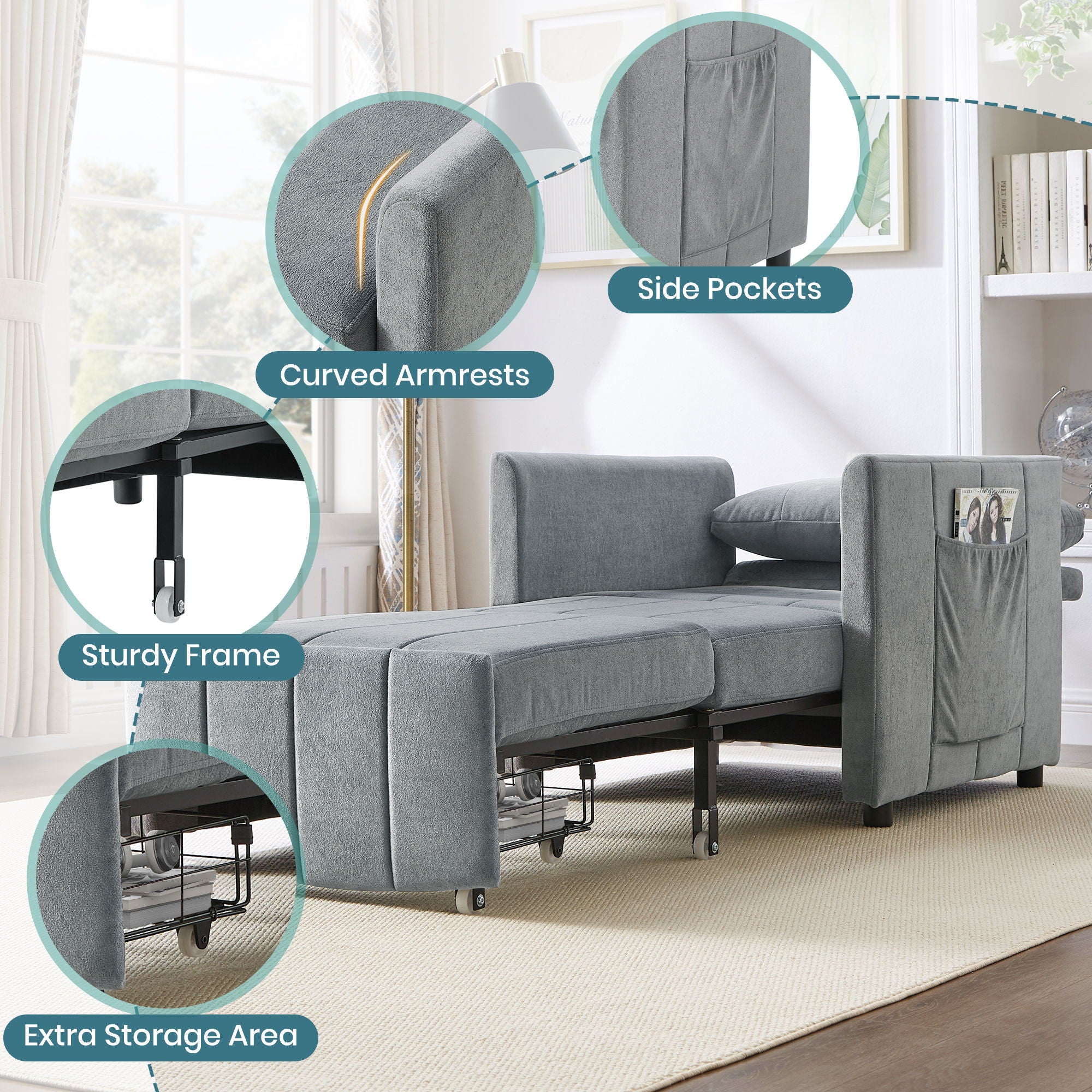 Upholstered Convertible Sleeper Sofa With 5 Position Backrest, Side Pockets, Storage
