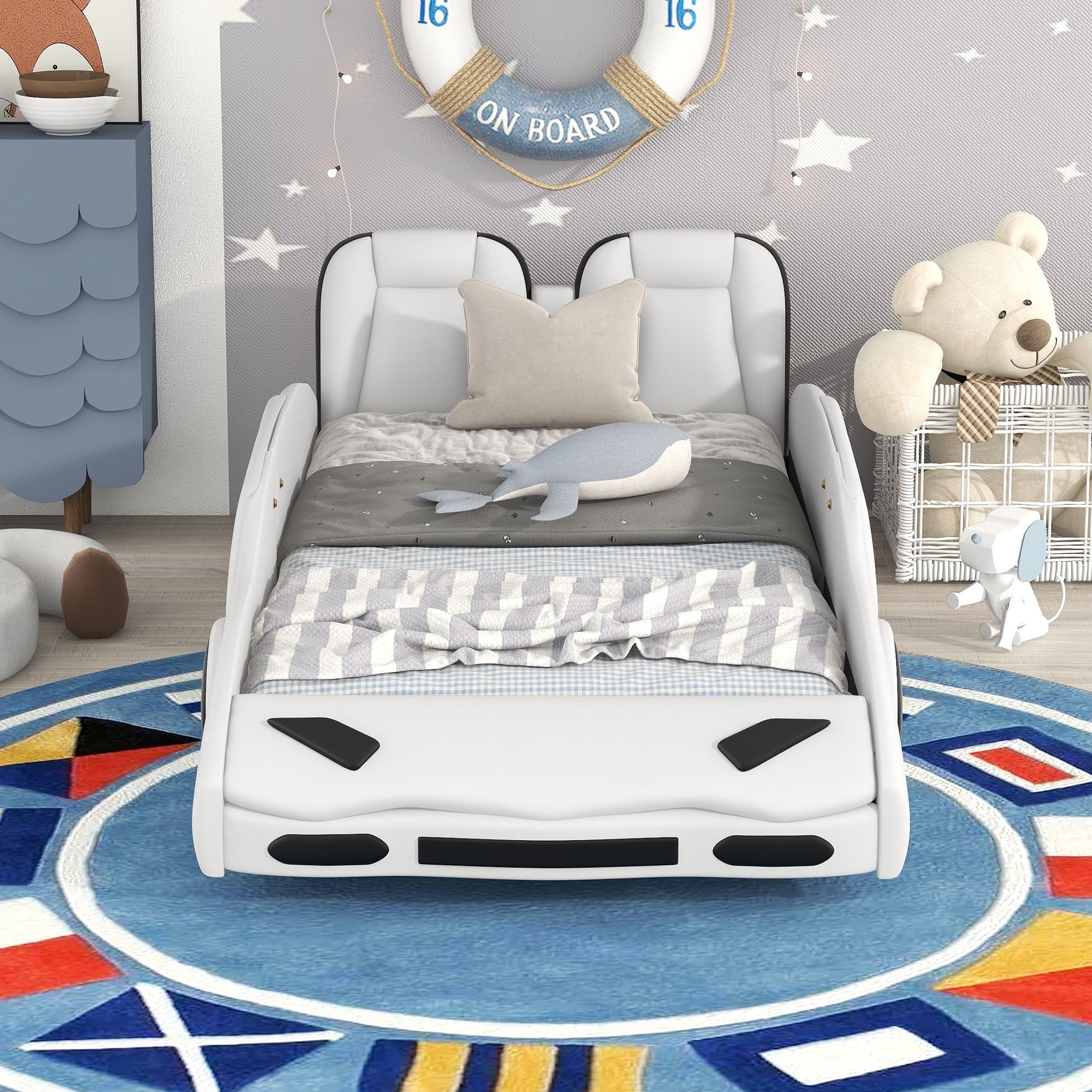 Race Car Shaped Twin Platform Bed With Wheels, Pine Wood Construction