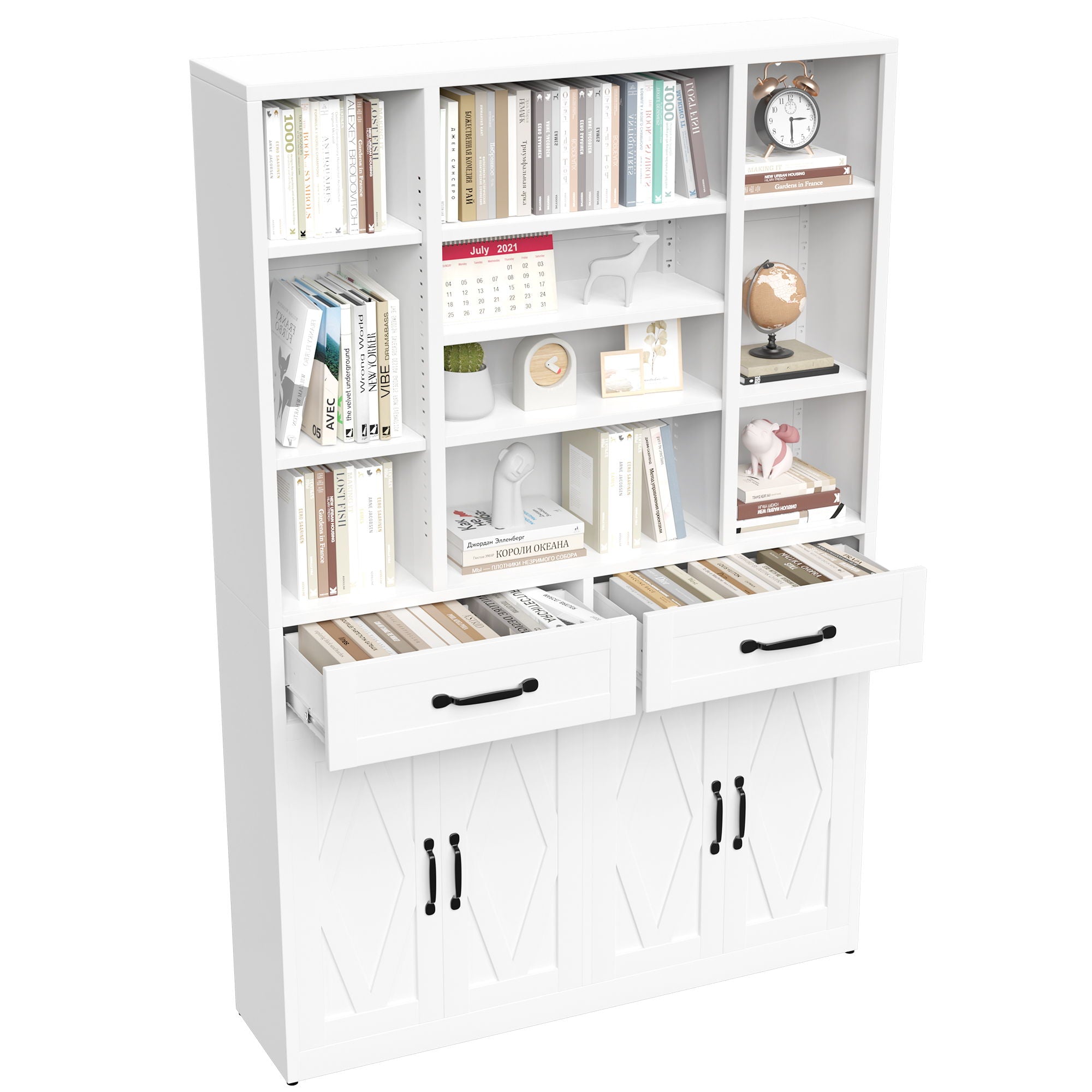 Industrial Bookcase Tall With Adjustable Shelves, Drawers & Doors