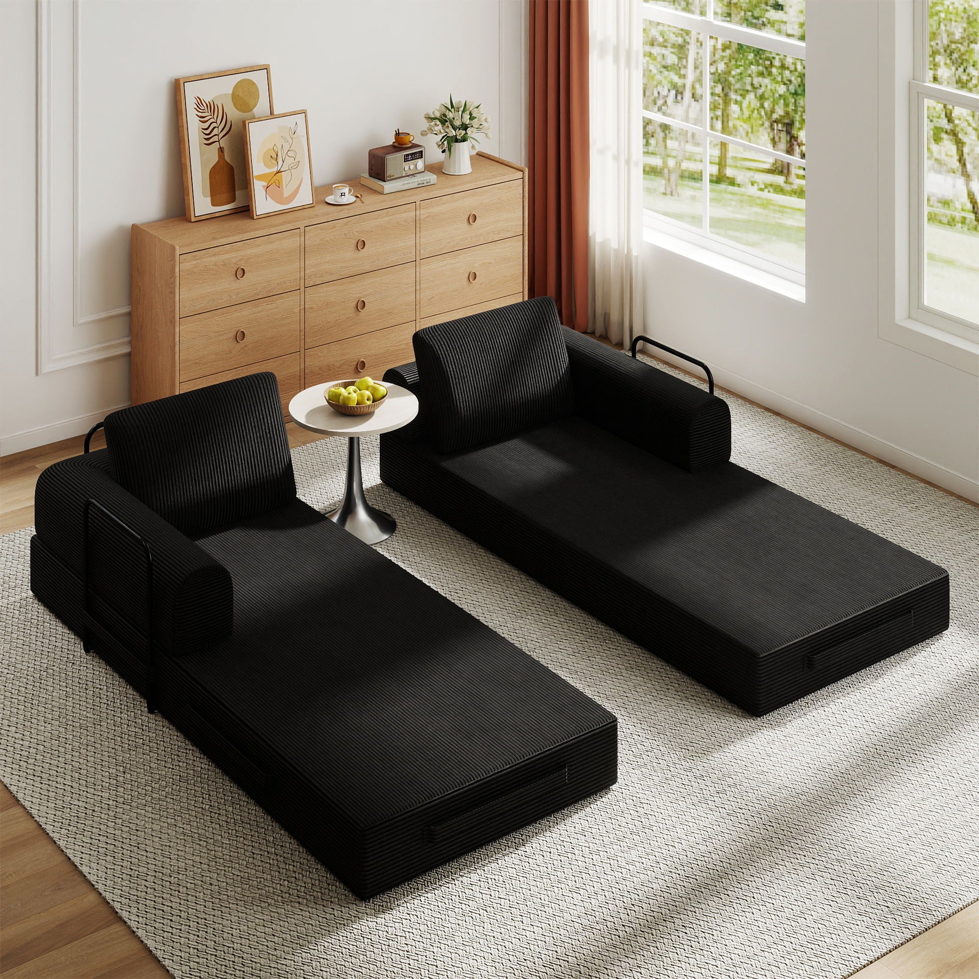 Convertible Sleeper Sofa Bed With Cylindrical Pillow, Fixed Shape Frame