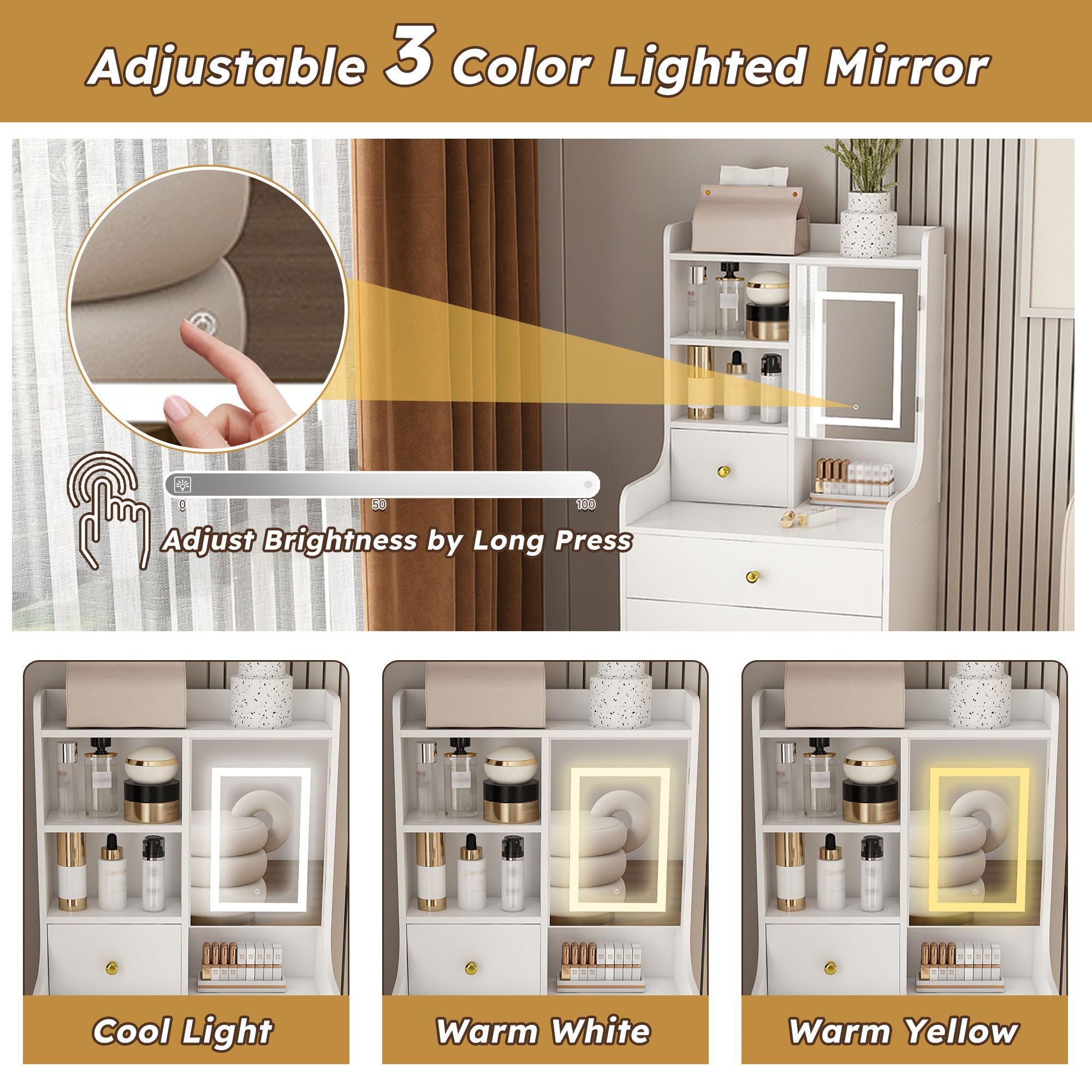 3 In 1 Dressing Table With LED Mirror & Storage Stool, Compact Makeup Vanity - White