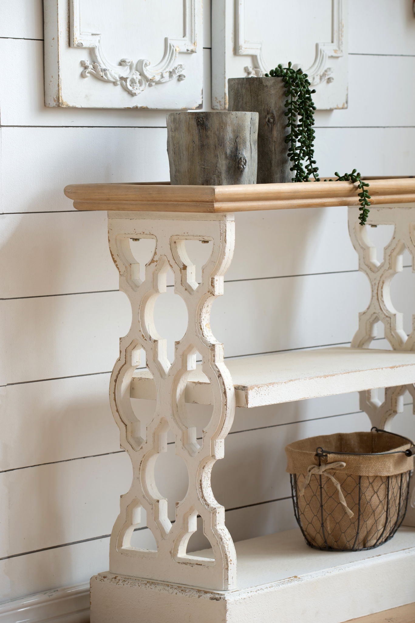 Distressed Wood Shelf Tray, French Country Console Table - Brown / Antique White