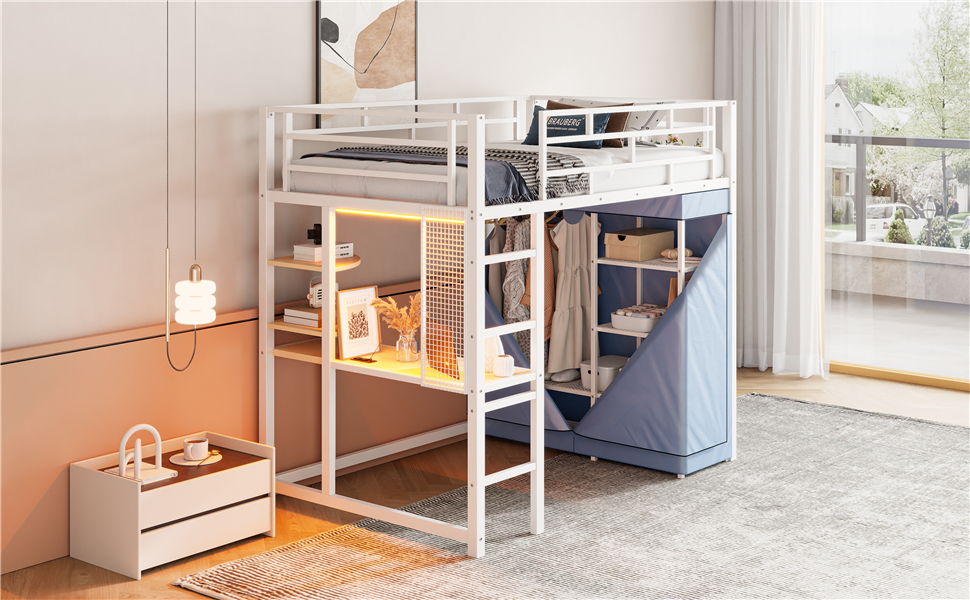 Loft Bed With Desk, Shelves, Power Outlet, LED Light And Wardrobe