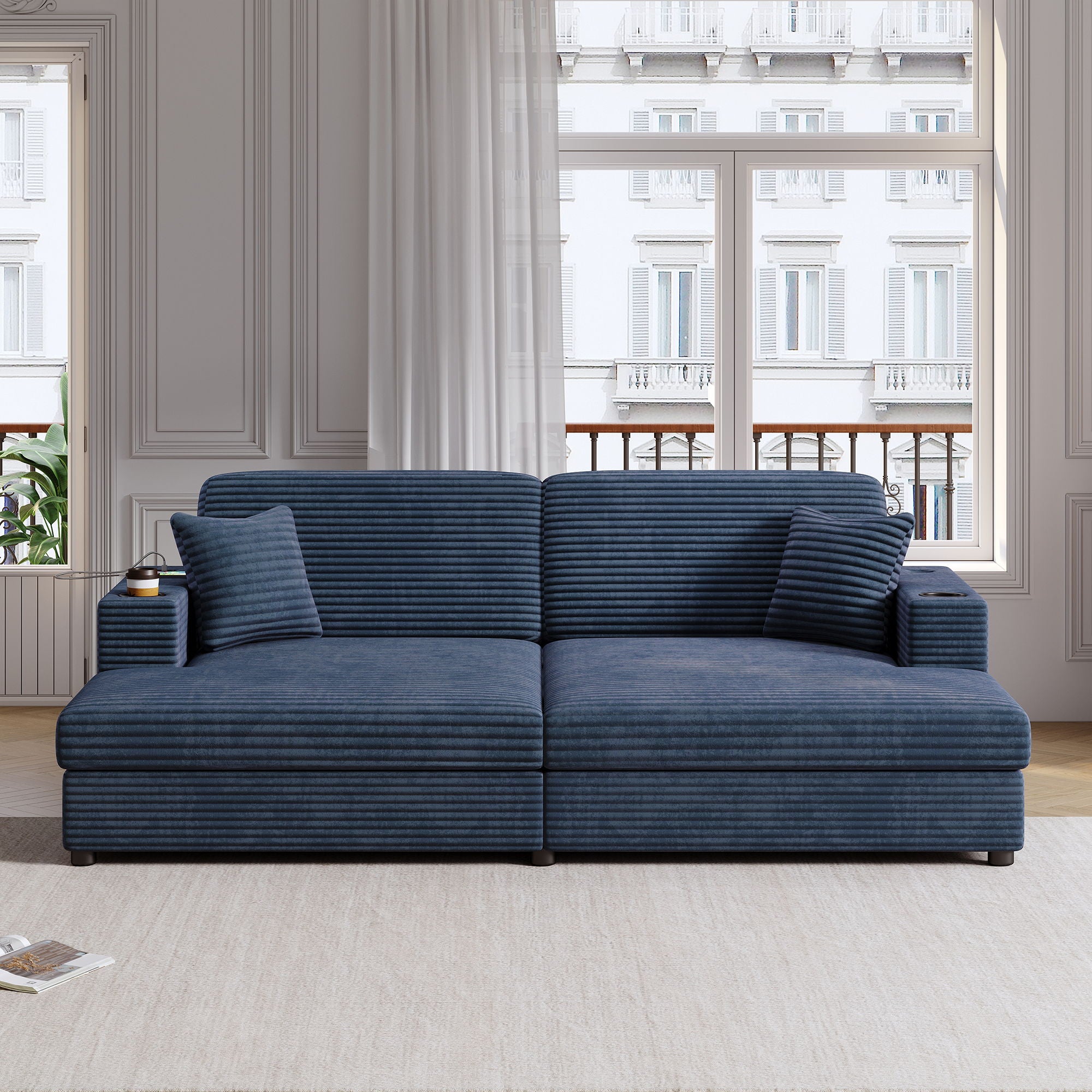 Oversized Loveseat Chaise With 2 USB Ports, 2 Cup Holders And 2 Throw Pillows