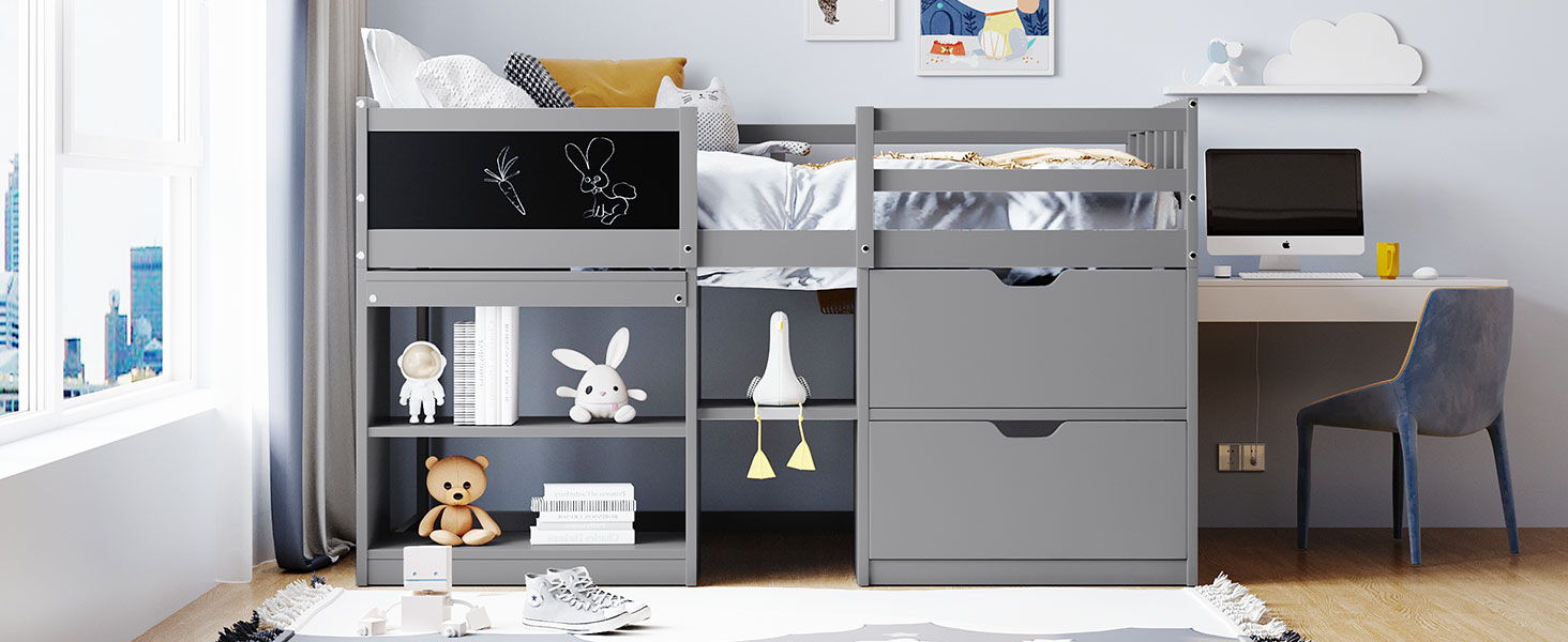 Low Loft Bed With Rolling Desk, Shelf And Drawers