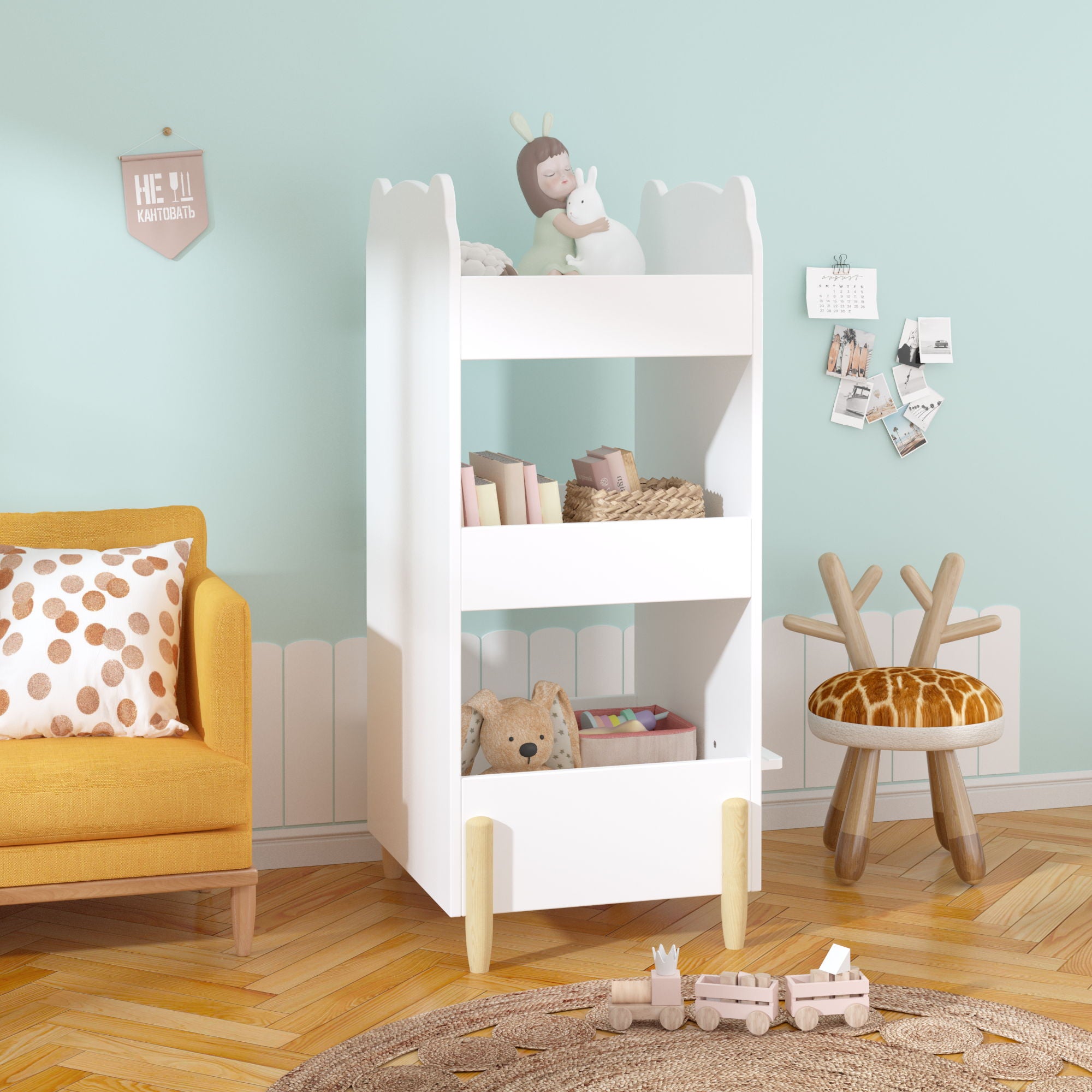 Bear Shaped Bookshelf With Chalkboard Side, 3 Tier Storage Organizer For Playroom - White