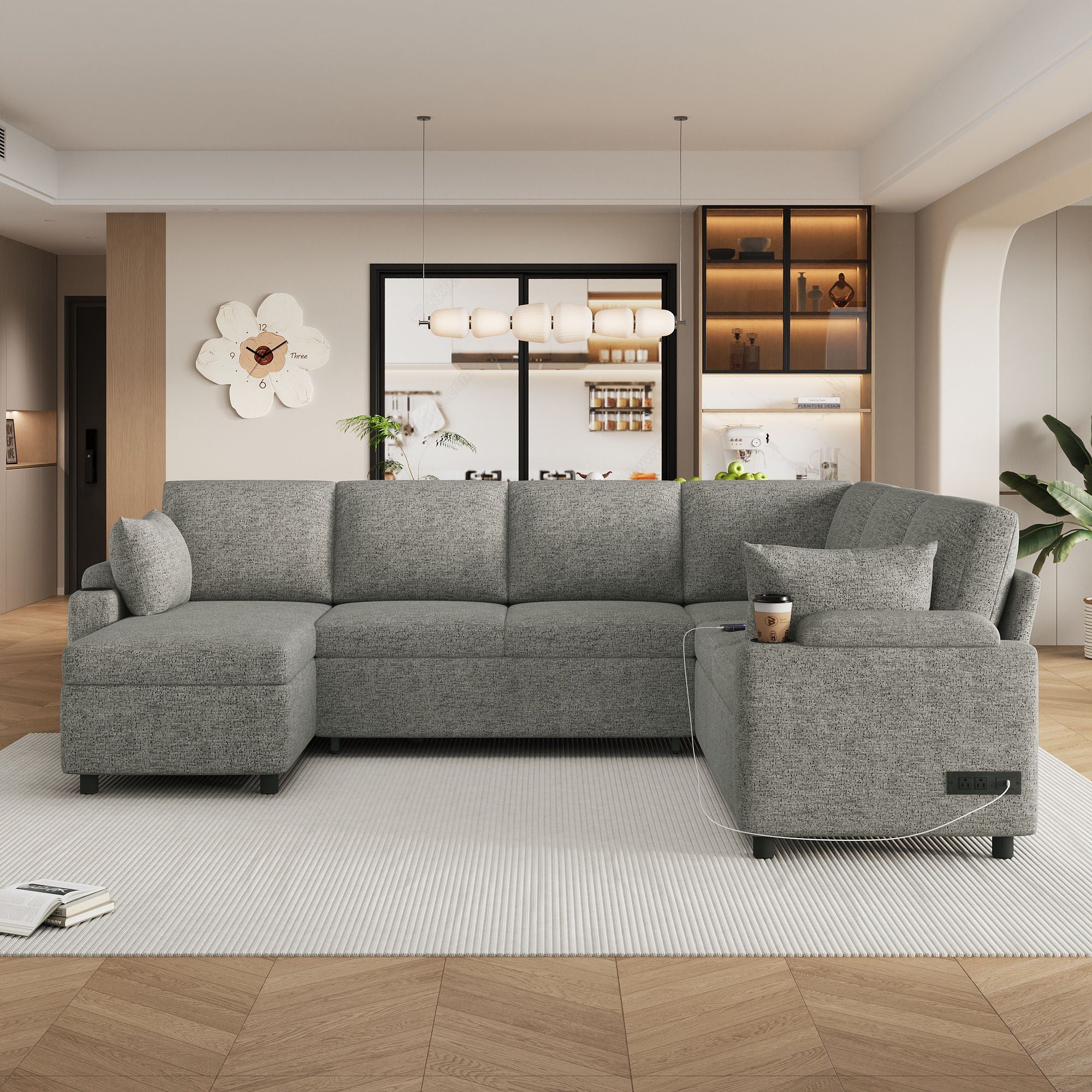 U-Shaped Sectional Sleeper Sofa With Ample Storage Space, 2 Cup Holders And Charging Ports For Living Room