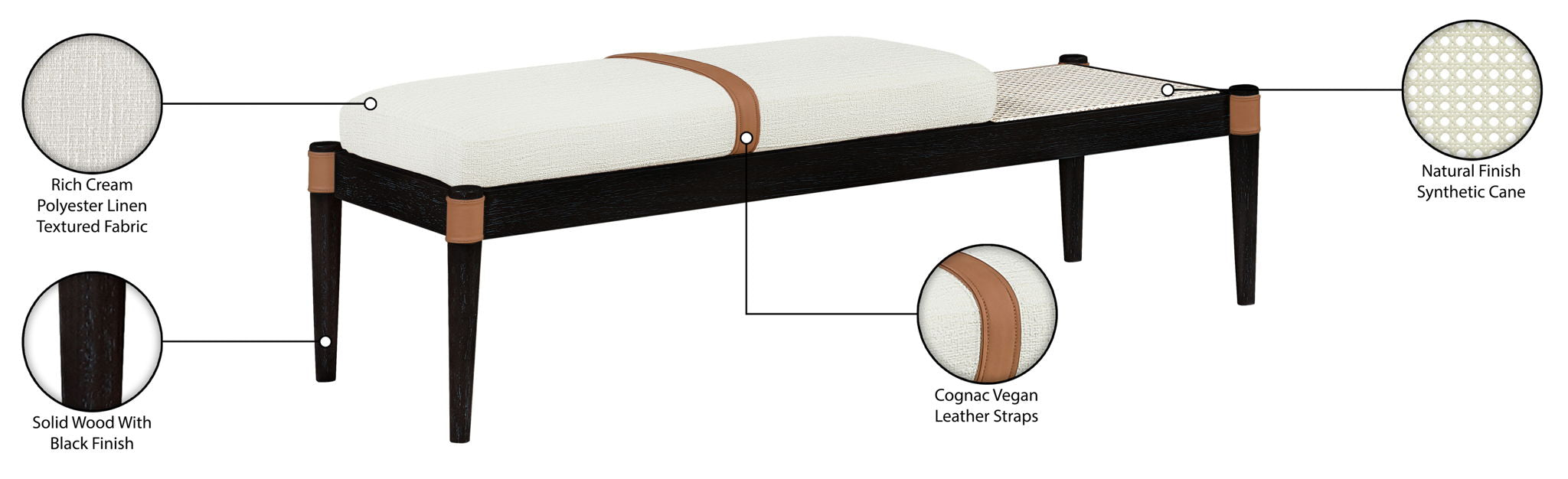 Nara - Linen Textured Fabric Upholstered Bench - Painted Black