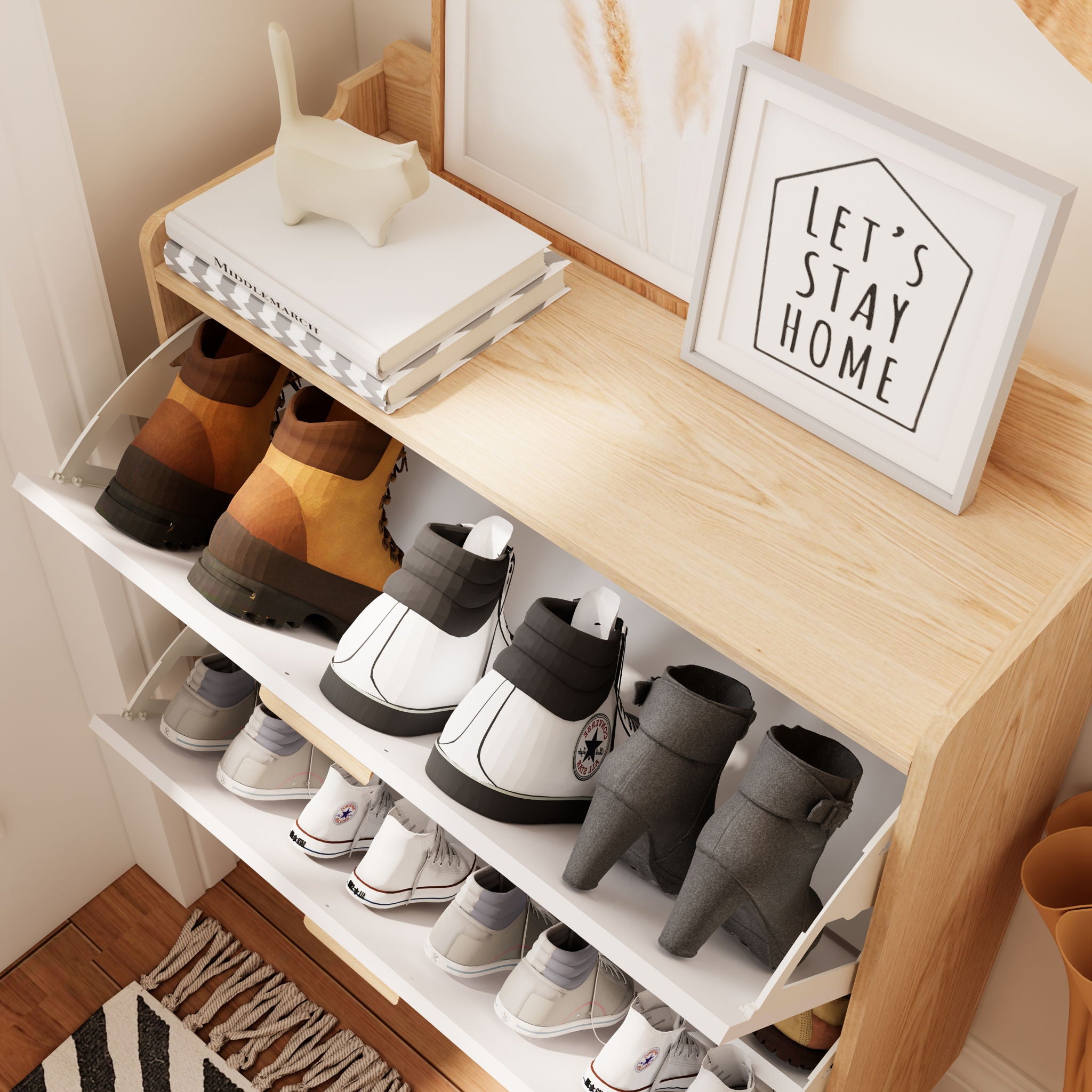 Shoe Storage Cabinet With 2 Flip Drawers, Compact Entryway Organizer - Natural / White