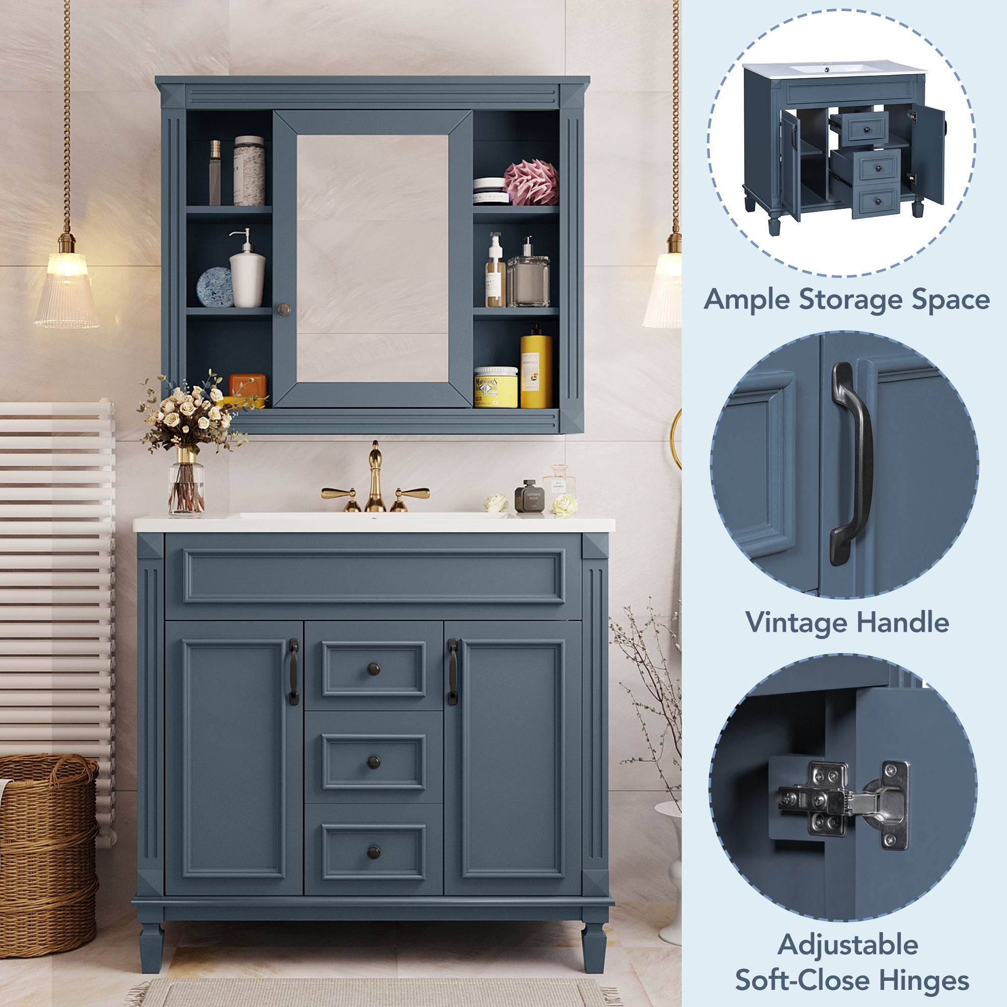 36" Bathroom Vanity With Top Sink, Basin On Cabinet With 2 Soft Closing Doors And 2 Drawers - Blue