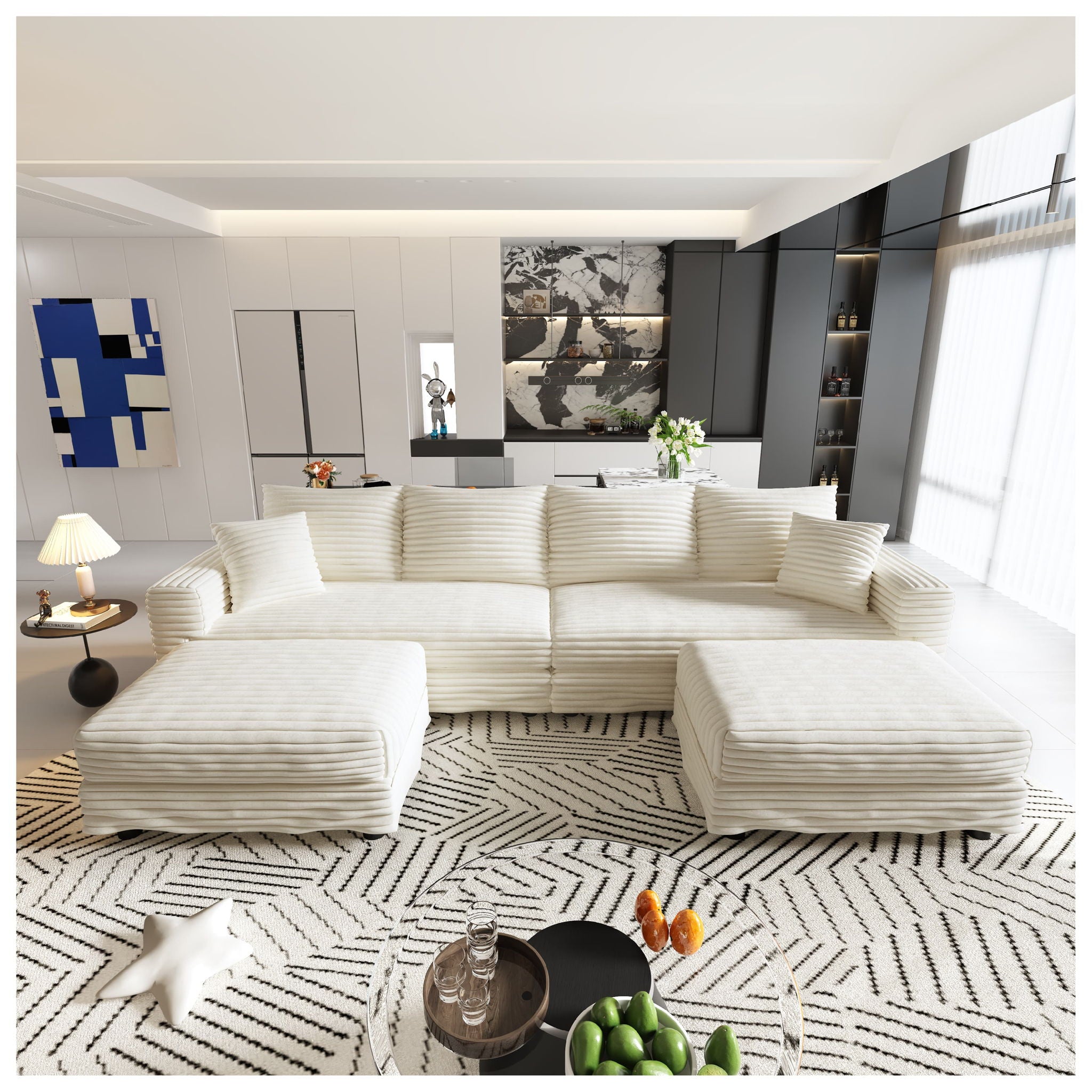 Deep Seat Convertible Sofa With Soft Pillows And Ottomans