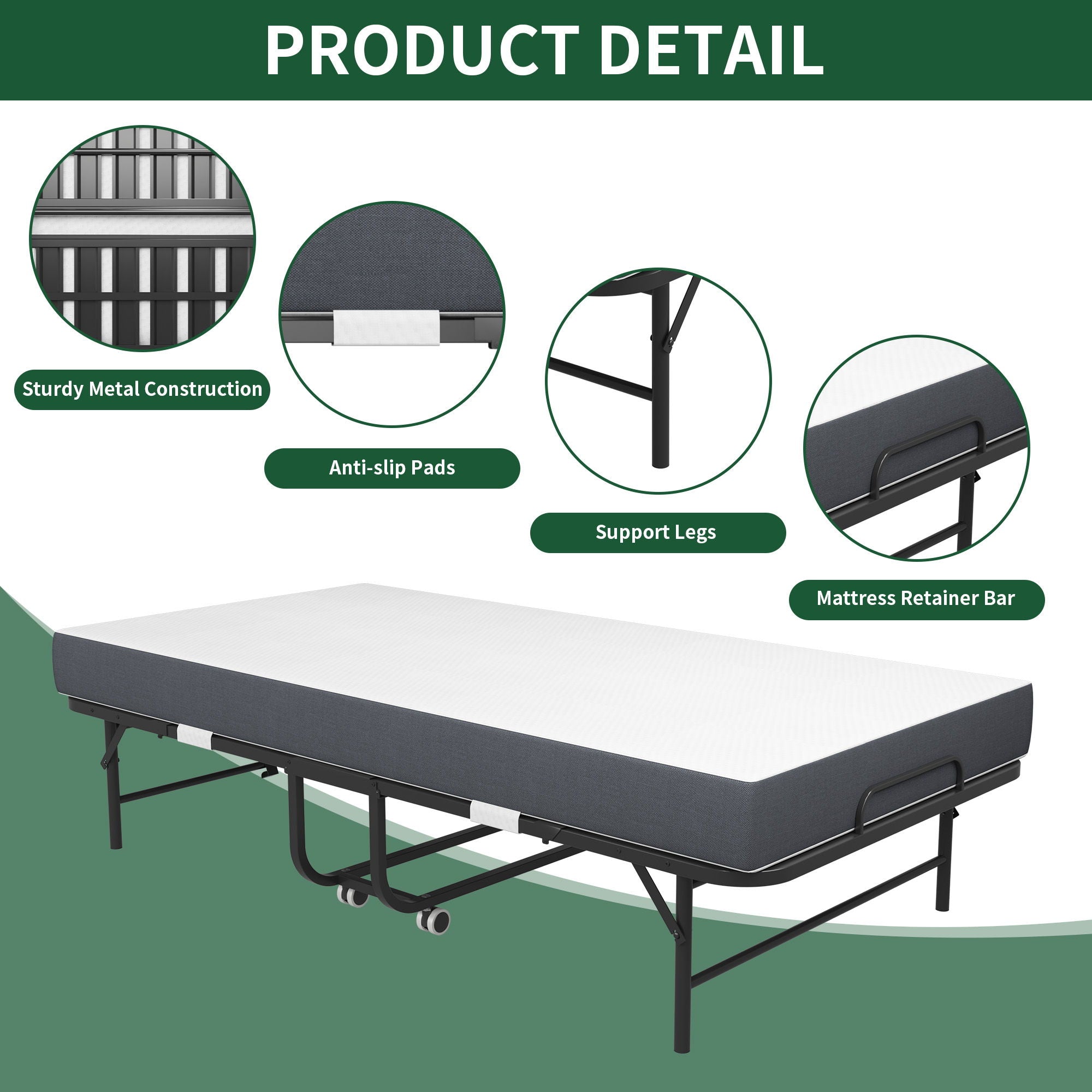 Twin Extra Long Folding Bed For Tall People, Heavy-Duty Rollaway Guest With Memory Foam Mattress - Black