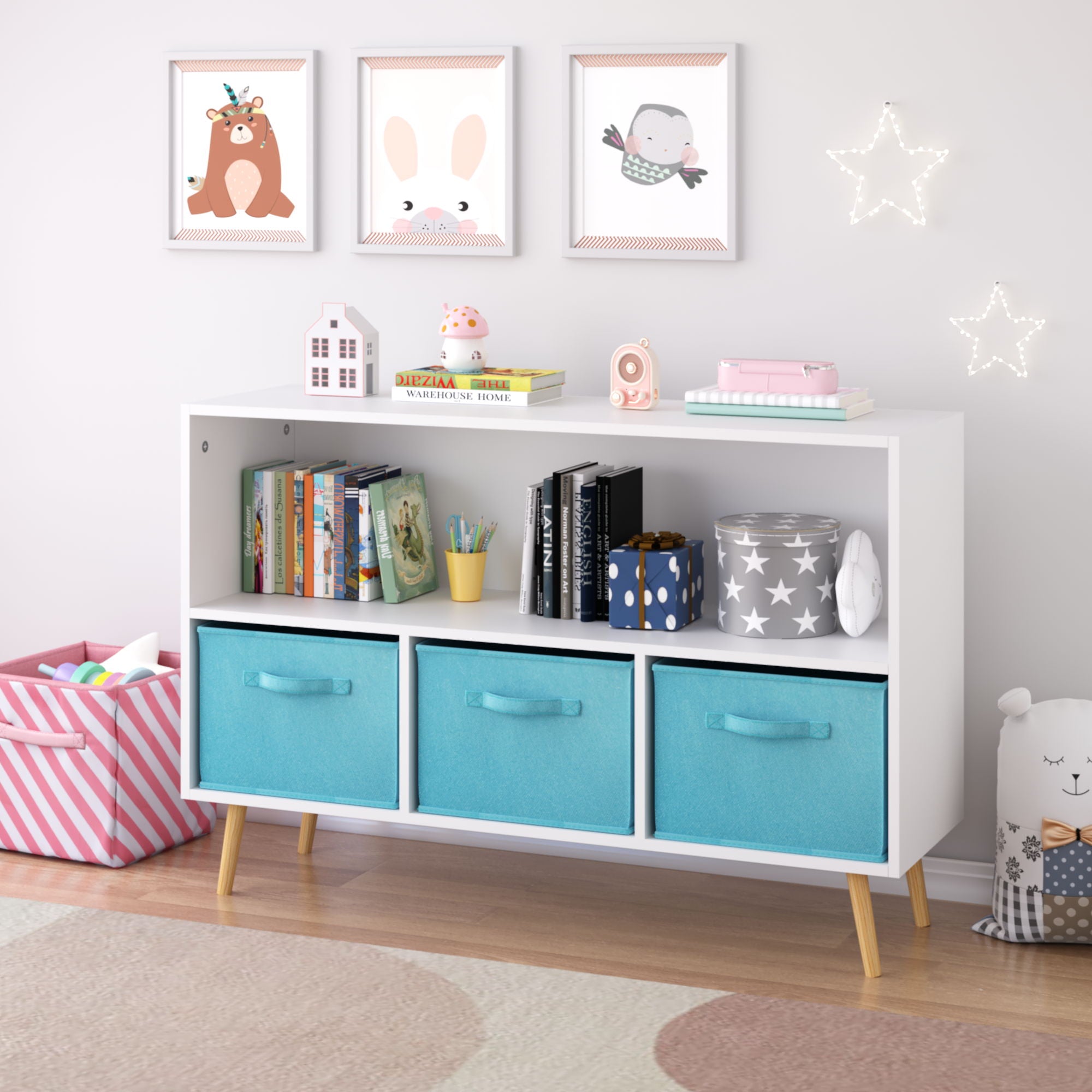 Bookcase With Collapsible Drawers, Book Display Storage Cabinet Organizer - White / Blue