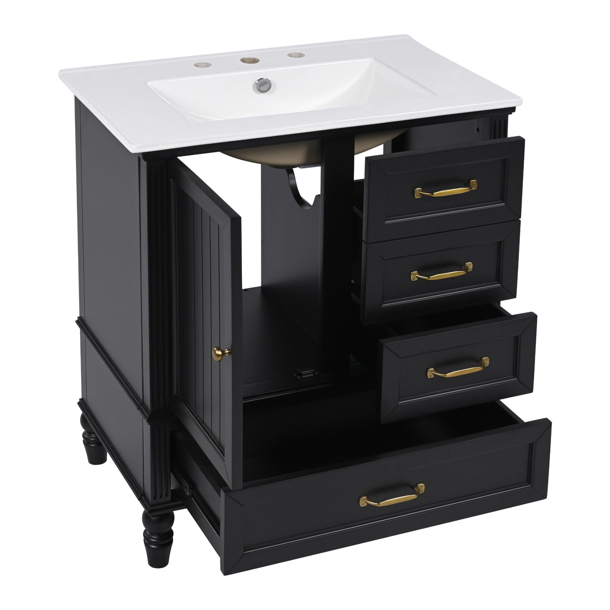 30" Bathroom Vanity With Sink, 3 Drawers, Adjustable Feet