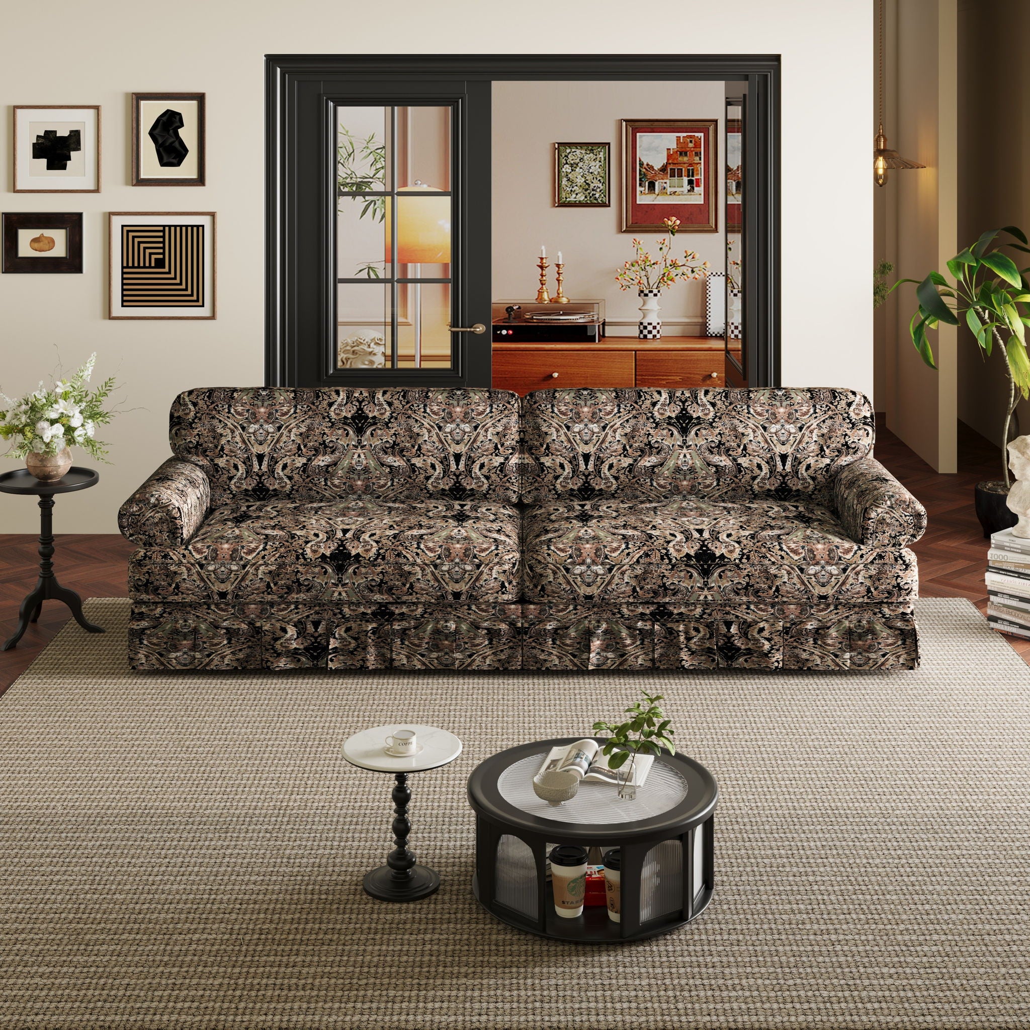 Luxuriously Comfortable Cloud Couch With Elegant Rolled Arms & Pleated Skirt Design