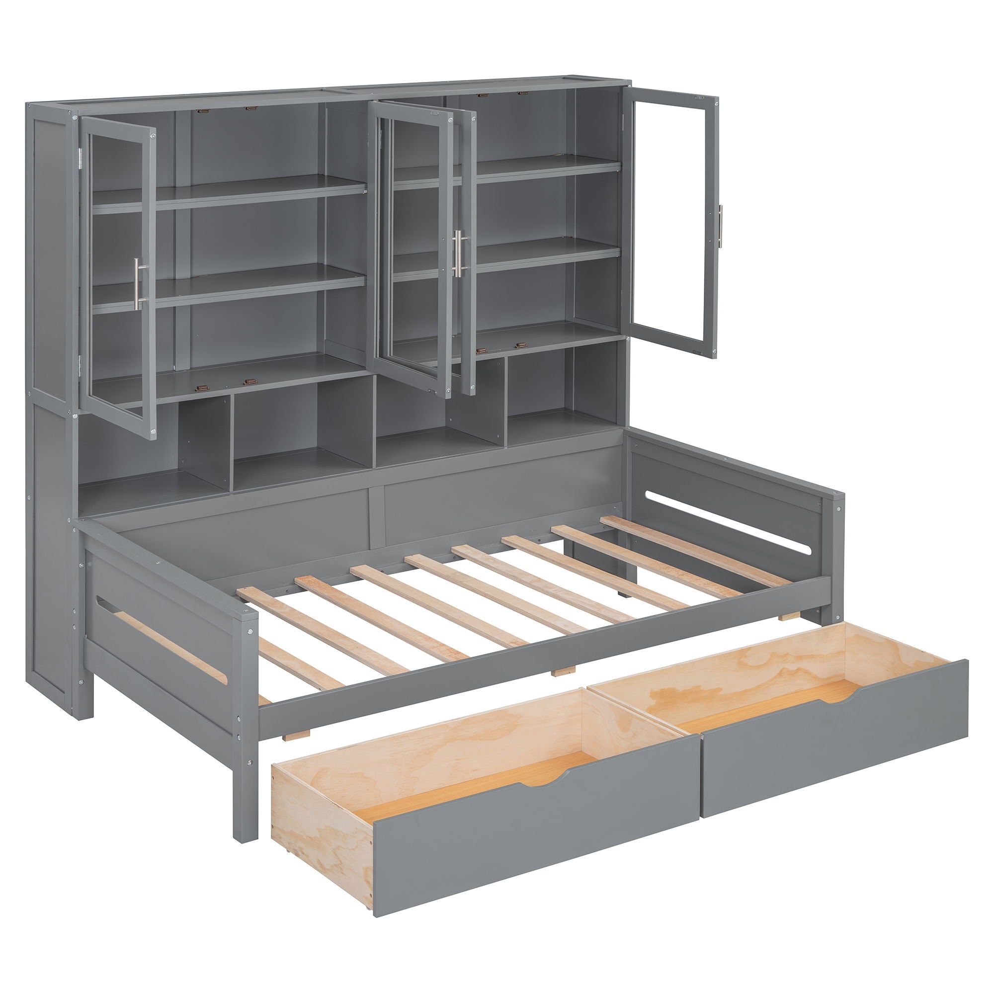 Daybed With Glass Door Storage Cabinets, Built In LED Lighting And Shelves