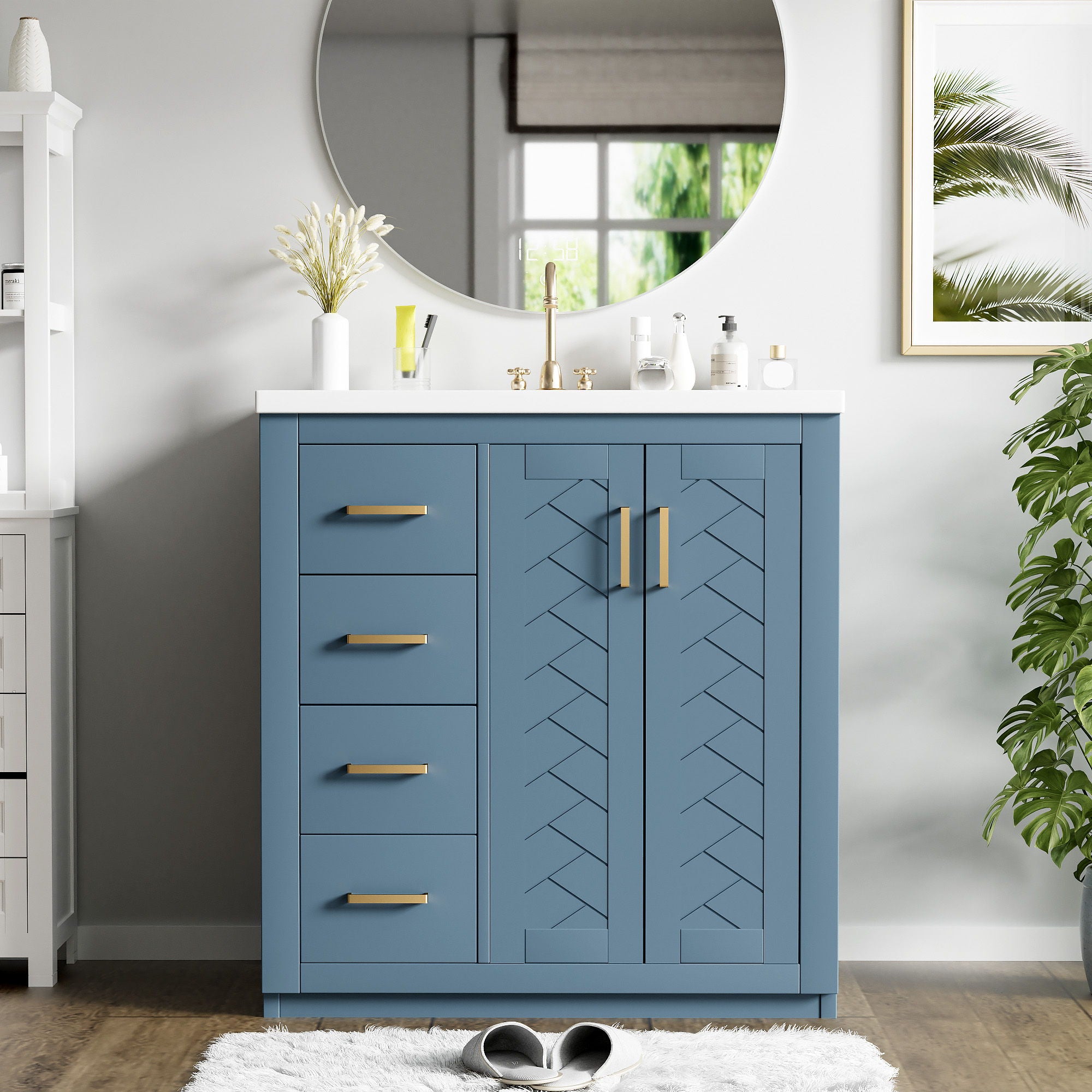 Ceramic Sink Combo, Freestanding Vanity Set With 3 Drawers & Soft Closing Doors