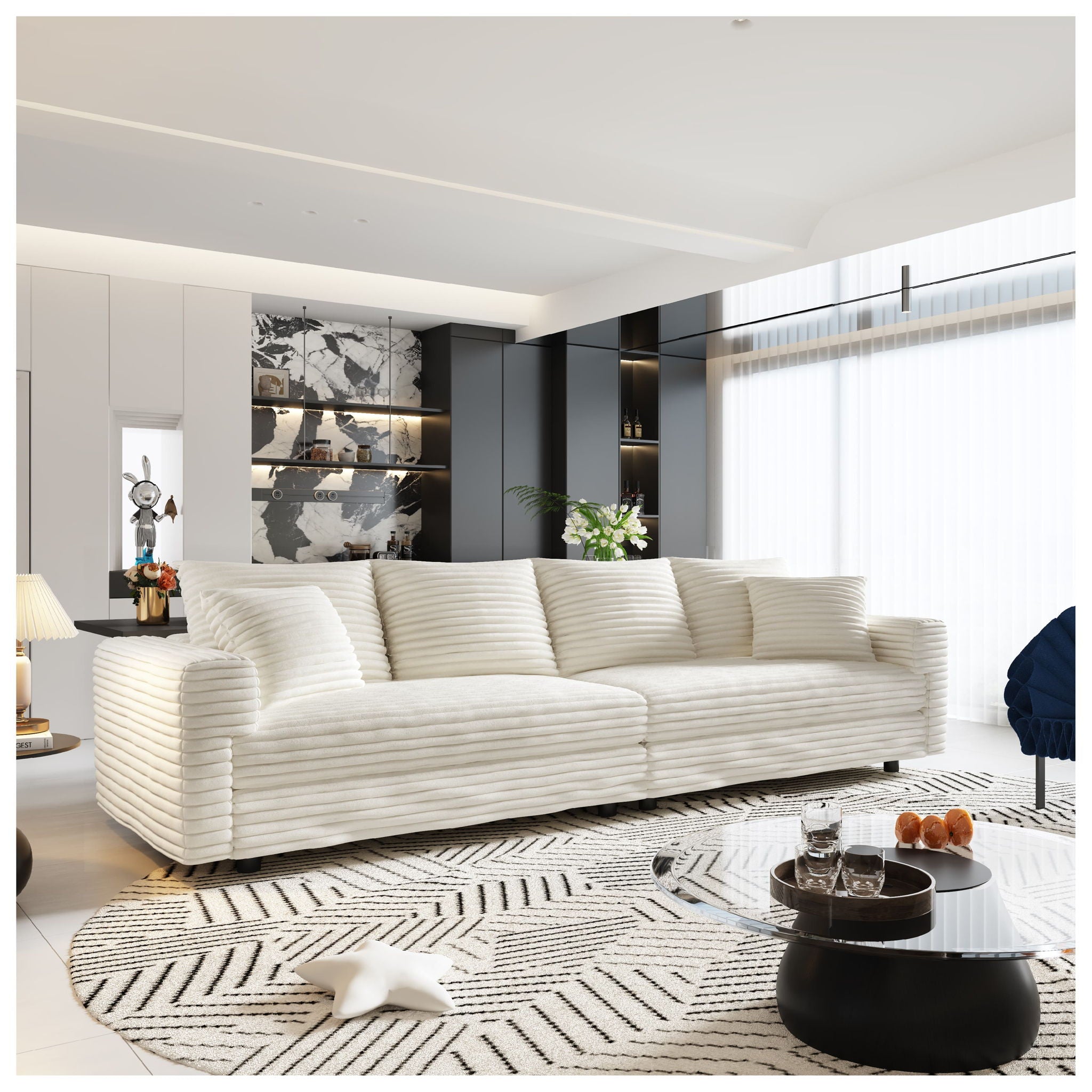 Deep Seat Convertible Sofa With Soft Pillows And Ottomans