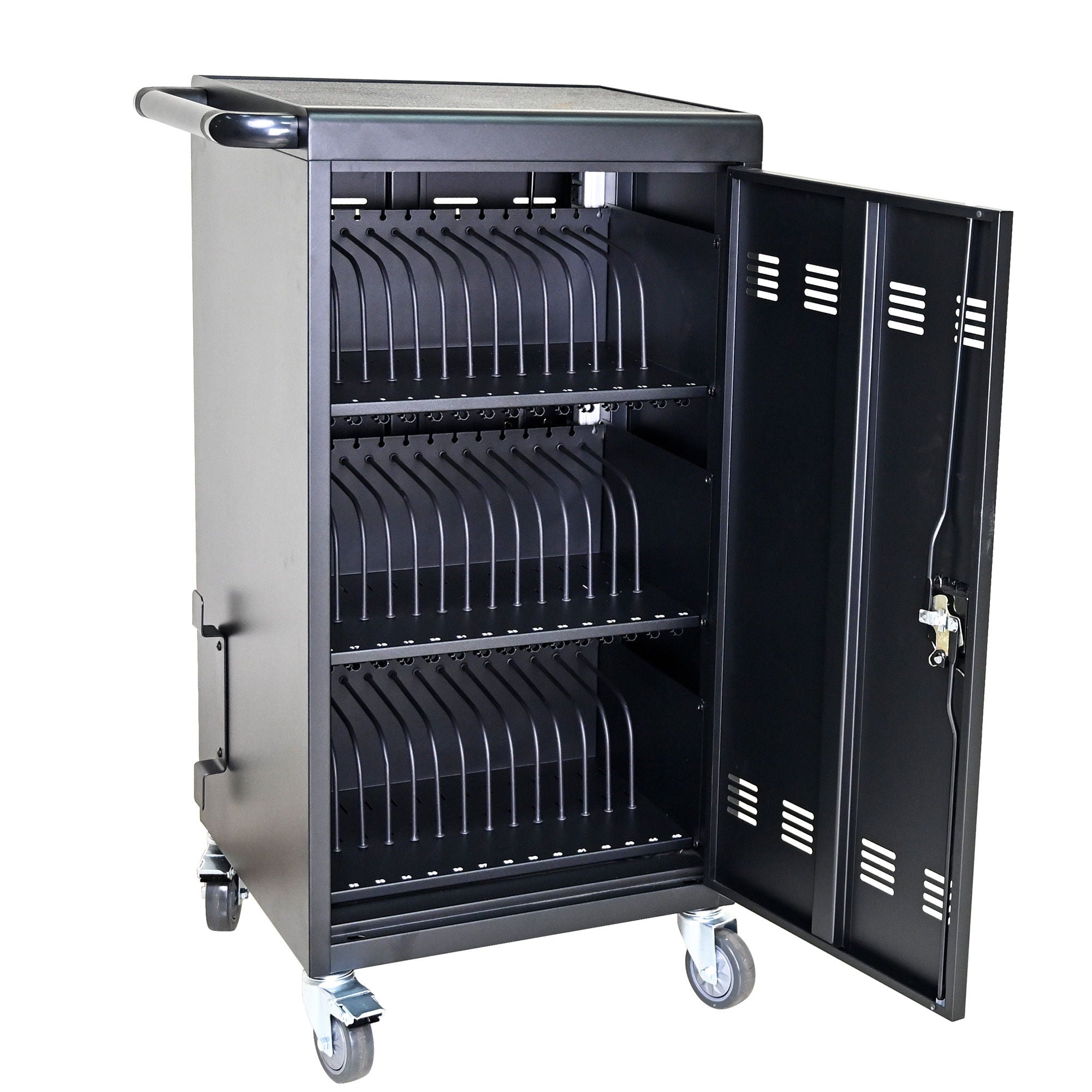 45 Bay Mobile School Charging Cart Station For Chromebook, Tablet And Laptop Computer With Power Strip Included - Black