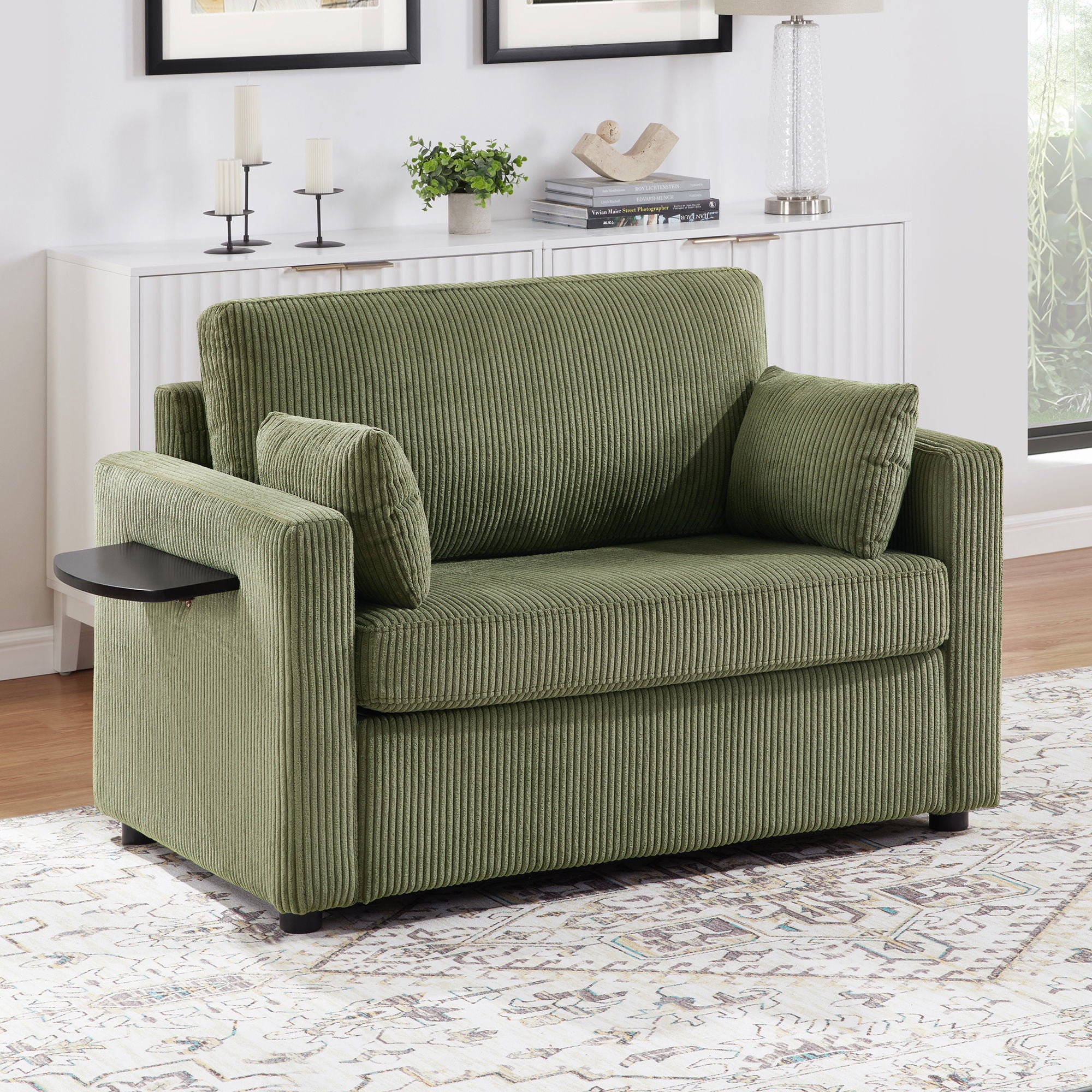 Sleeper Sofa With Foldable Mattress, USB Ports, Side Table & Storage Pocket