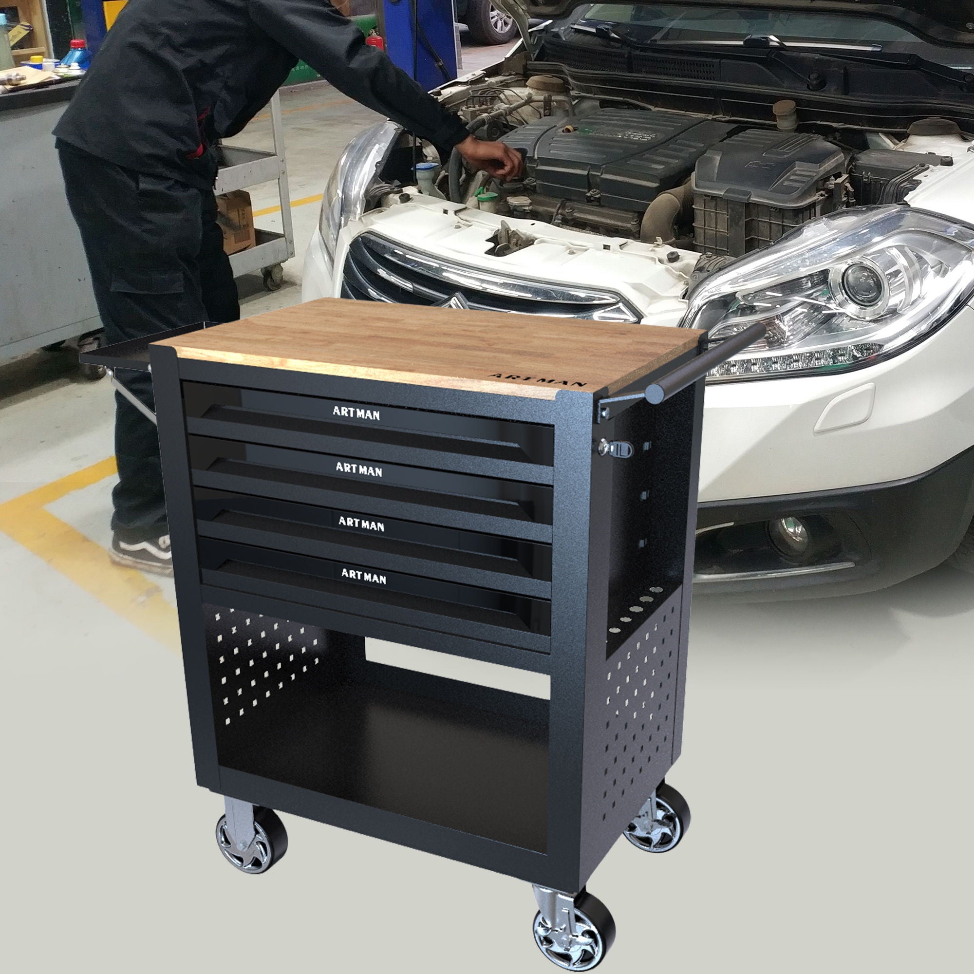 4 Drawers Multifunctional Tool Cart With Wheels And Wooden Top