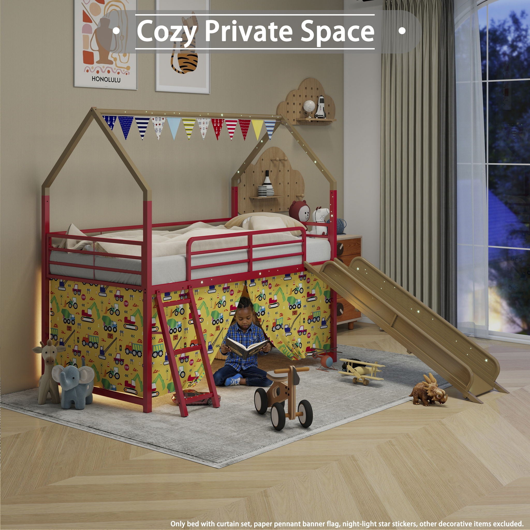 Jack - House Loft Bed With Slide And Curtain Set