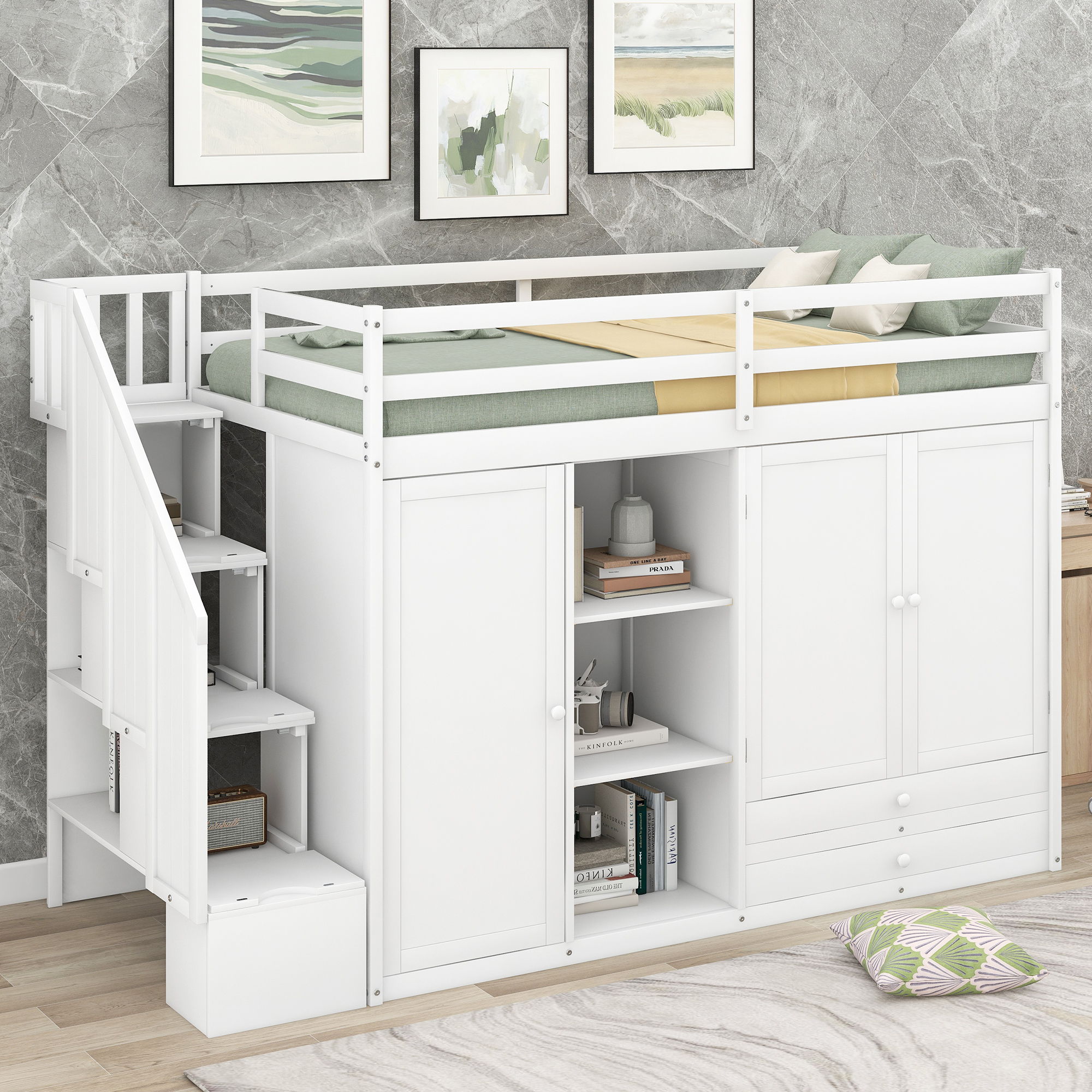 Loft Bed With 3 Shelves, 2 Wardrobes, 2 Drawers, Ladder Storage